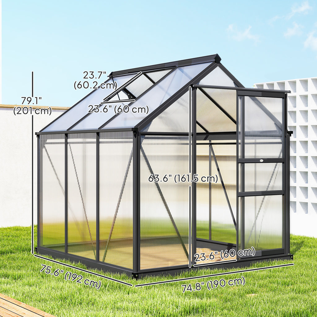 Patio Greenhouse with Rain Gutters, Rooftop Vent, Outdoor Greenhouse Kit, 6.2' x 6.3' x 6.6', Grey