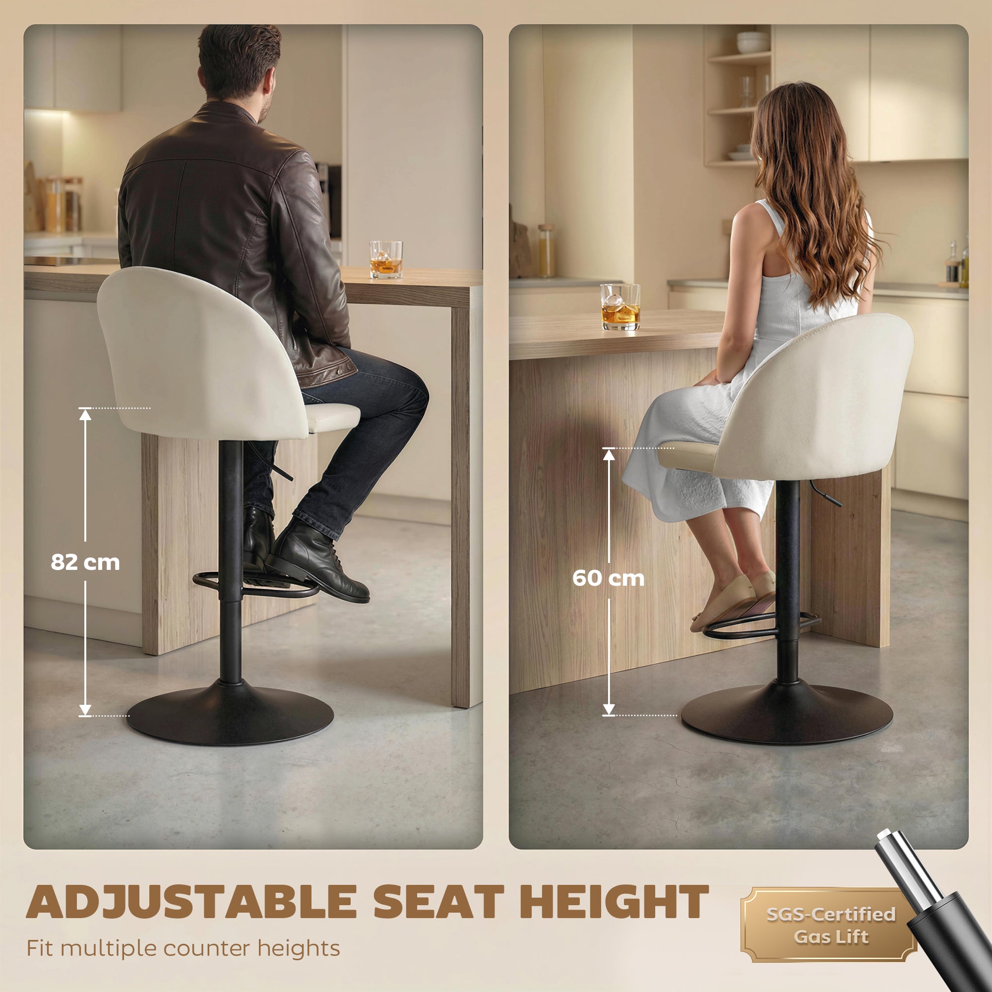 Bar Stools Set of 2, Swivel Counter Height Barstools with Footrest, Cream White