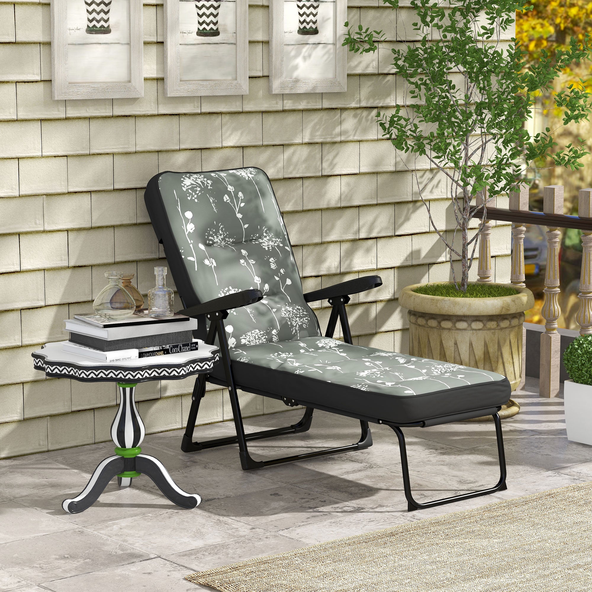 Outdoor Lounge Chair with Padded Cushion, Folding Reclining Patio Garden Chair with Recline Back, Footrest, for Poolside, Patio, Grey