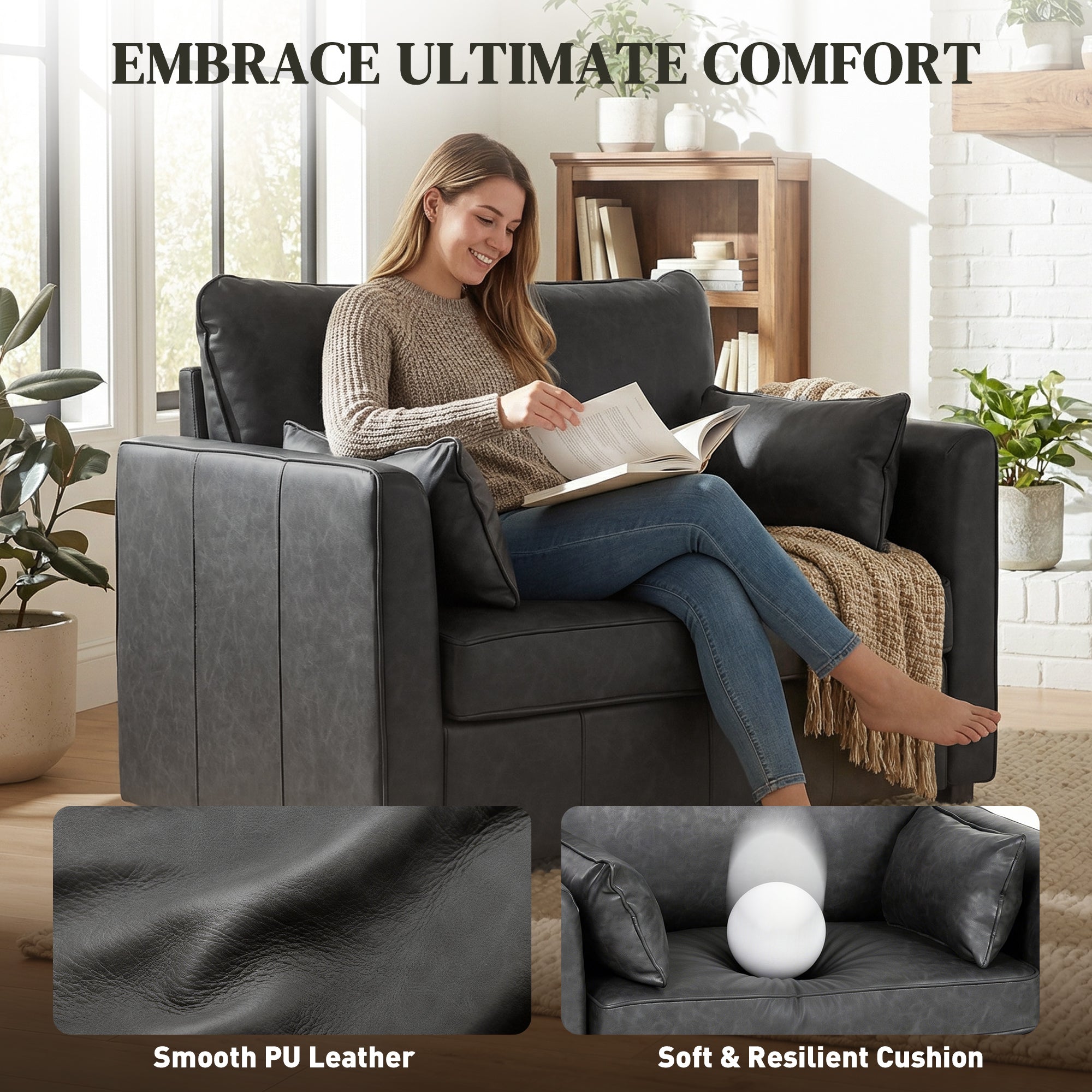 Accent Chair, PU Leather Armchair with Wide Seat, Spring Cushion, Rubberwood legs, 2 Pillows, Black