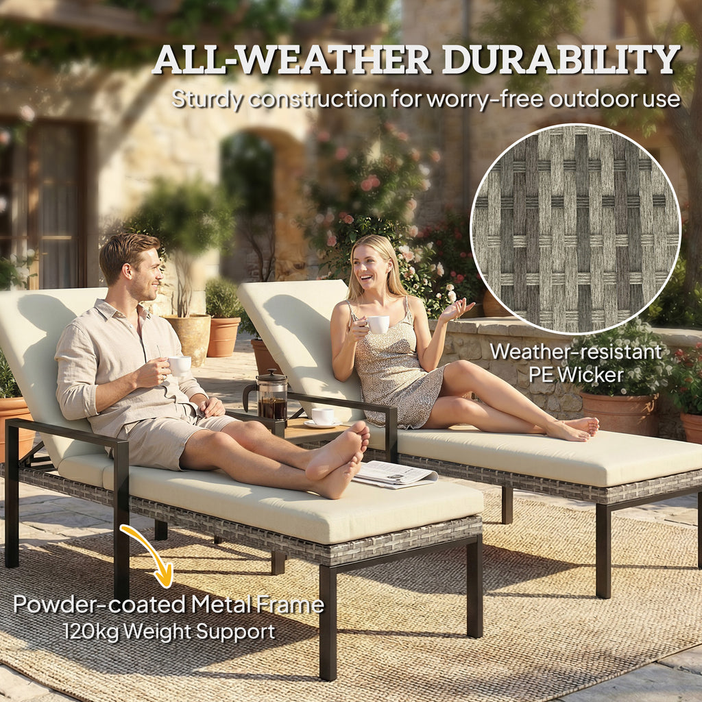 Chaise Lounge Chairs Outdoor, Set of 2 Wicker Patio Lounge Chairs with 5-Level Adjustable Backrest, Cushion