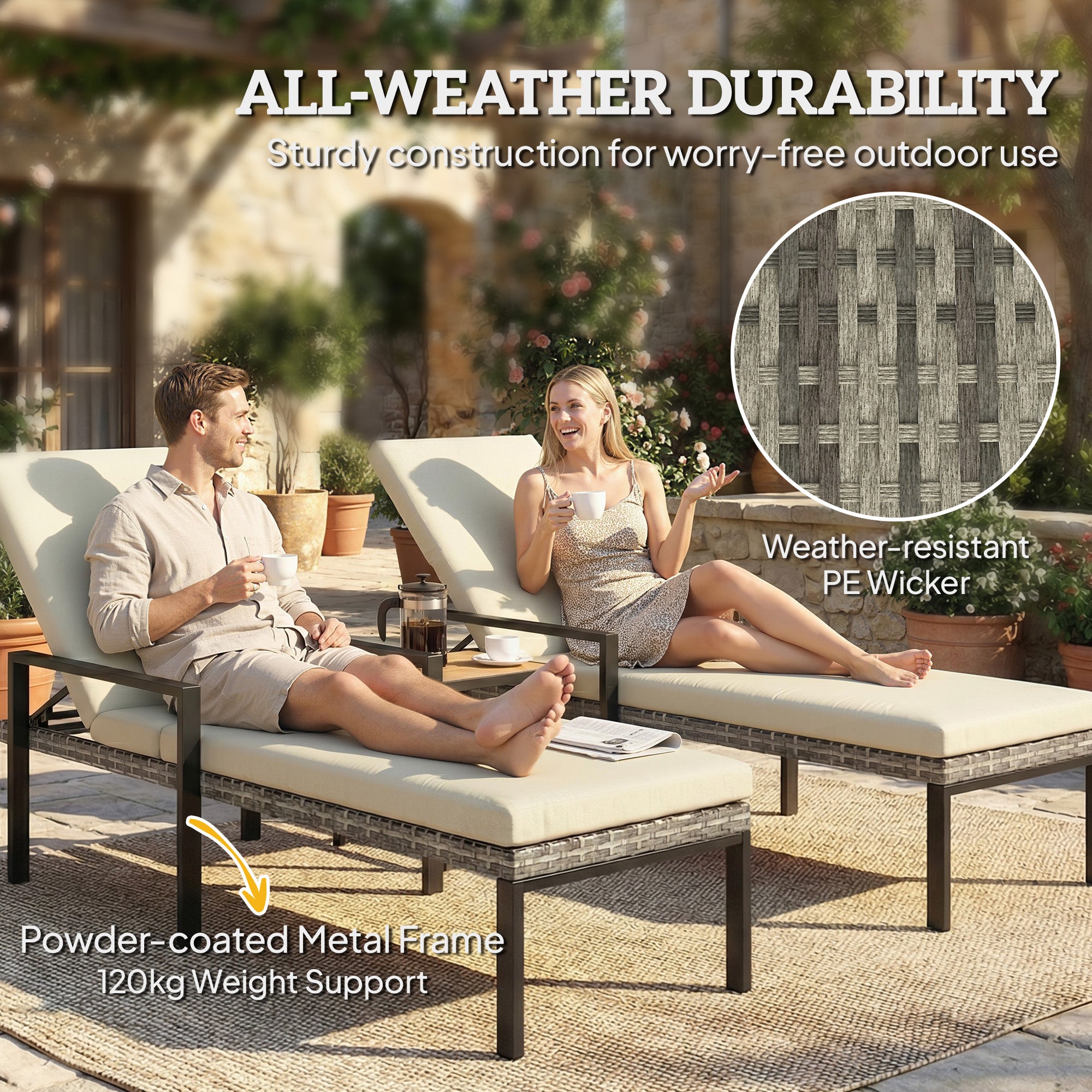 Chaise Lounge Chairs Outdoor, Set of 2 Wicker Patio Lounge Chairs with 5-Level Adjustable Backrest, Cushion