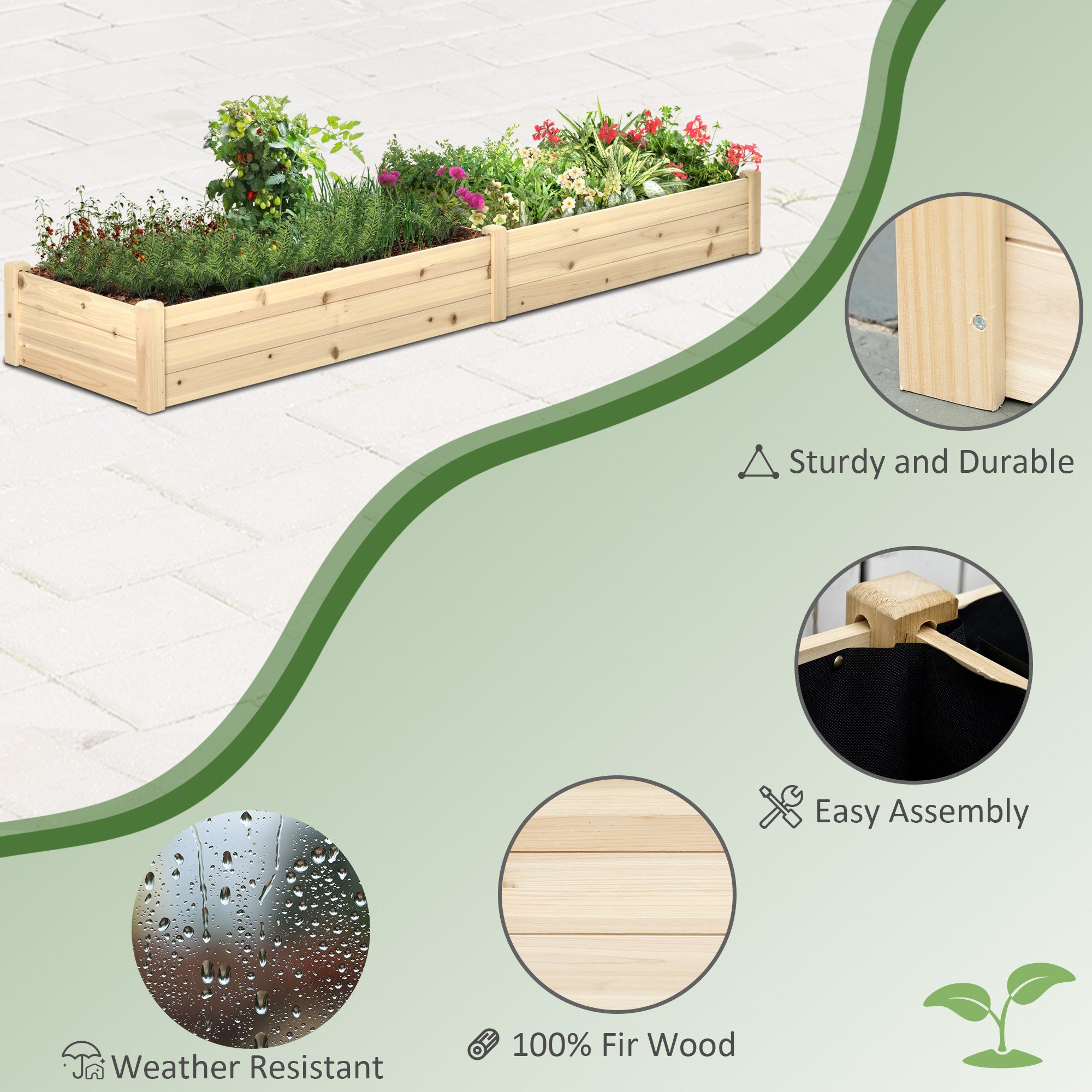 96" x 24" x 10" Wooden Raised Garden Bed with 2 Planter Box and Non-woven Fabric Liner for Backyard, Patio to Grow Vegetables, Herbs, and Flowers, Natural