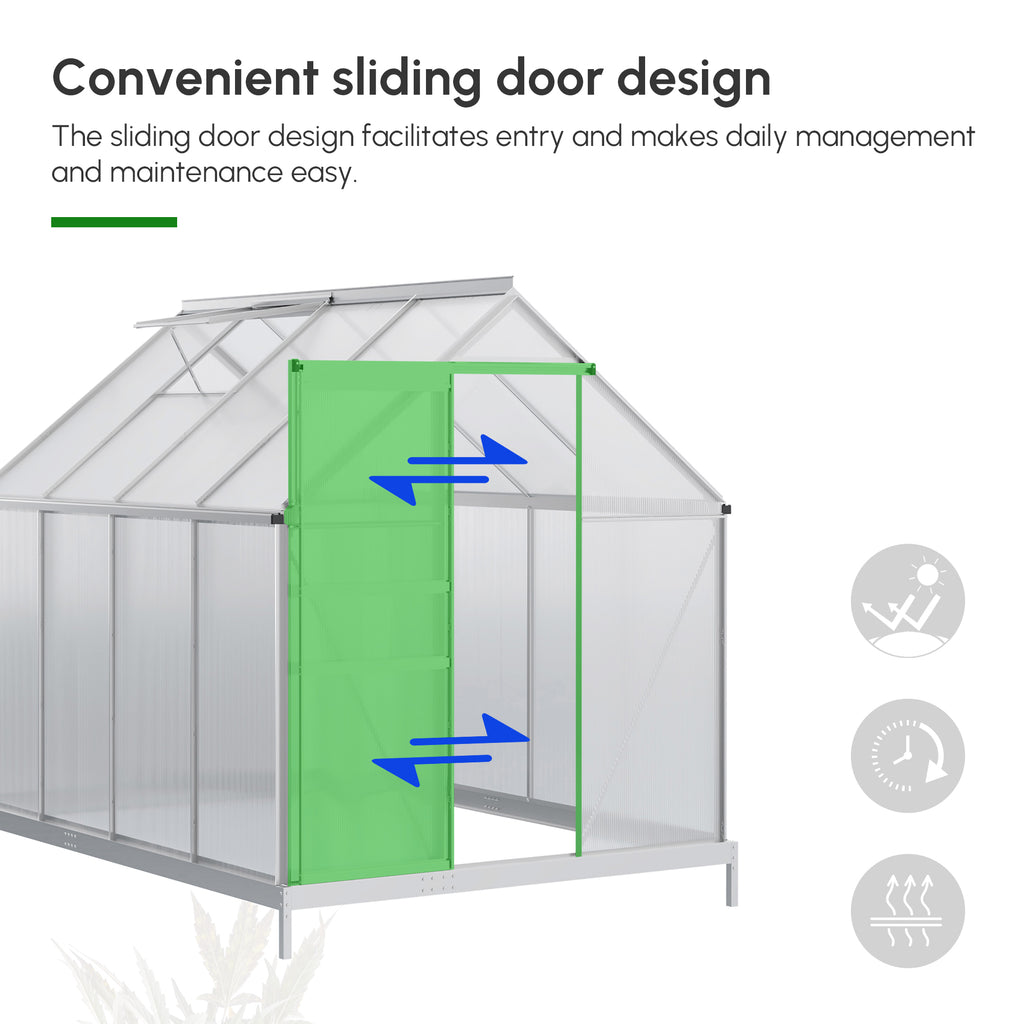 6' x 8' x 6.5' Walk-in Greenhouse, Polycarbonate Greenhouse with Adjustable Roof Vent, Base, Sliding Door, Clear