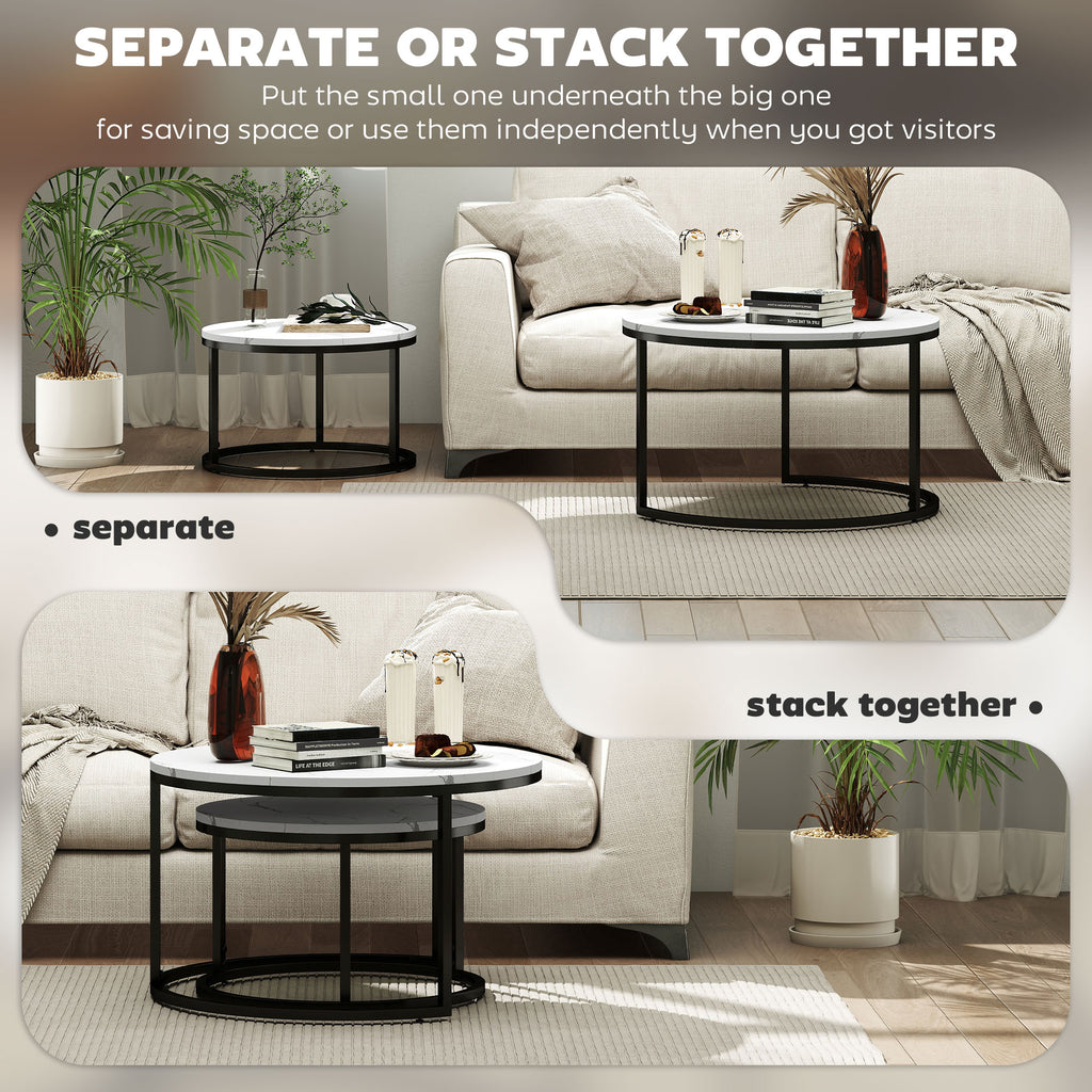 Modern Coffee Table Set of 2, Nesting Side Tables w/ Metal Base for Living Room Bedroom Office Faux Marbled White