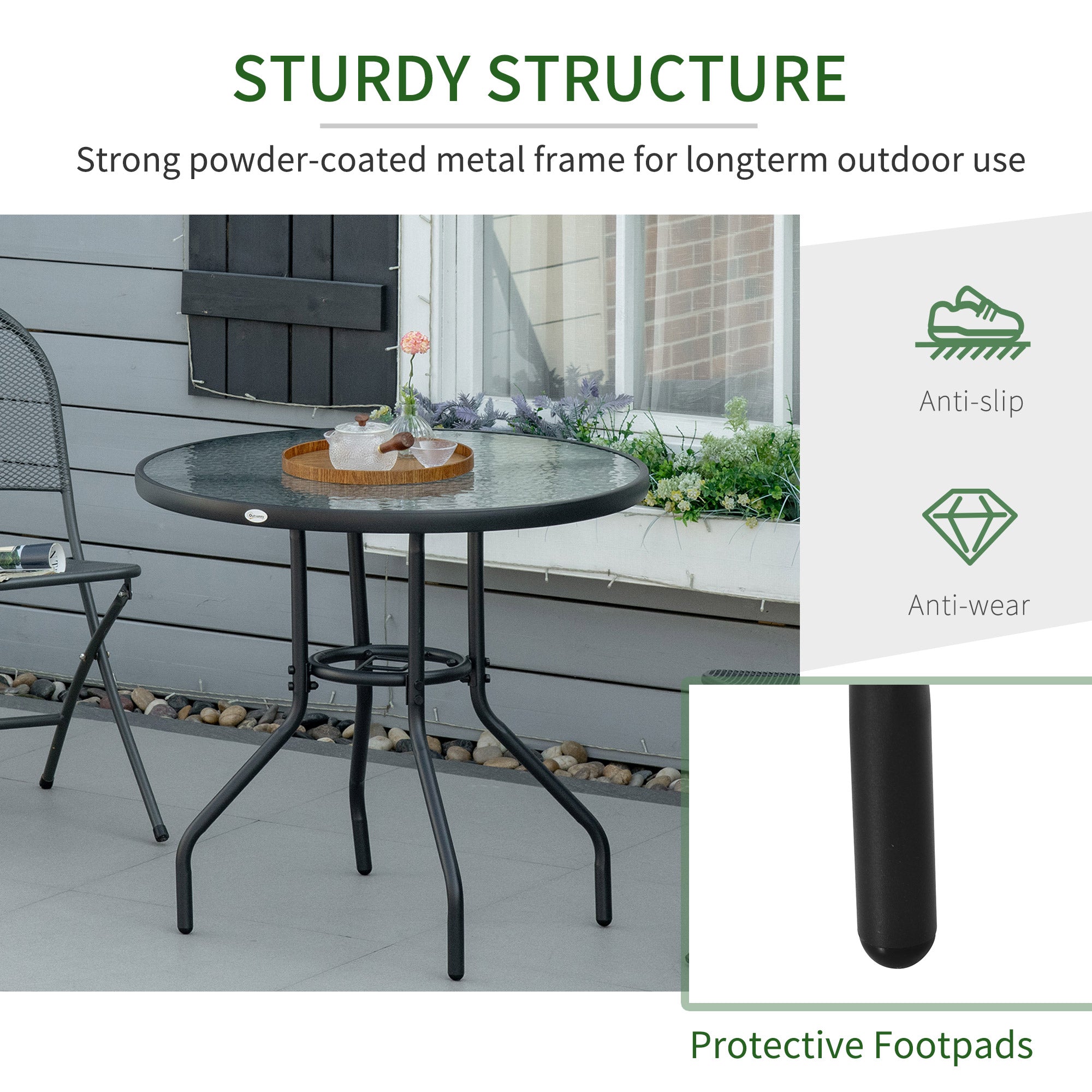 31.5" Round Outdoor Dining Table Coffee Side Bistro Table with Umbrella Hole, Glass Top, Steel Frame for Garden, Patio