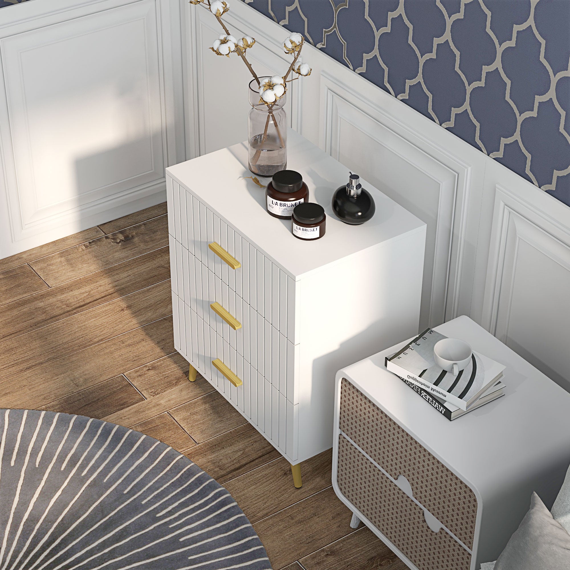 3 Drawer Cabinet, Drawer Chest for Bedroom, Chest of Drawers with Aluminium Legs and Gold Handles, White