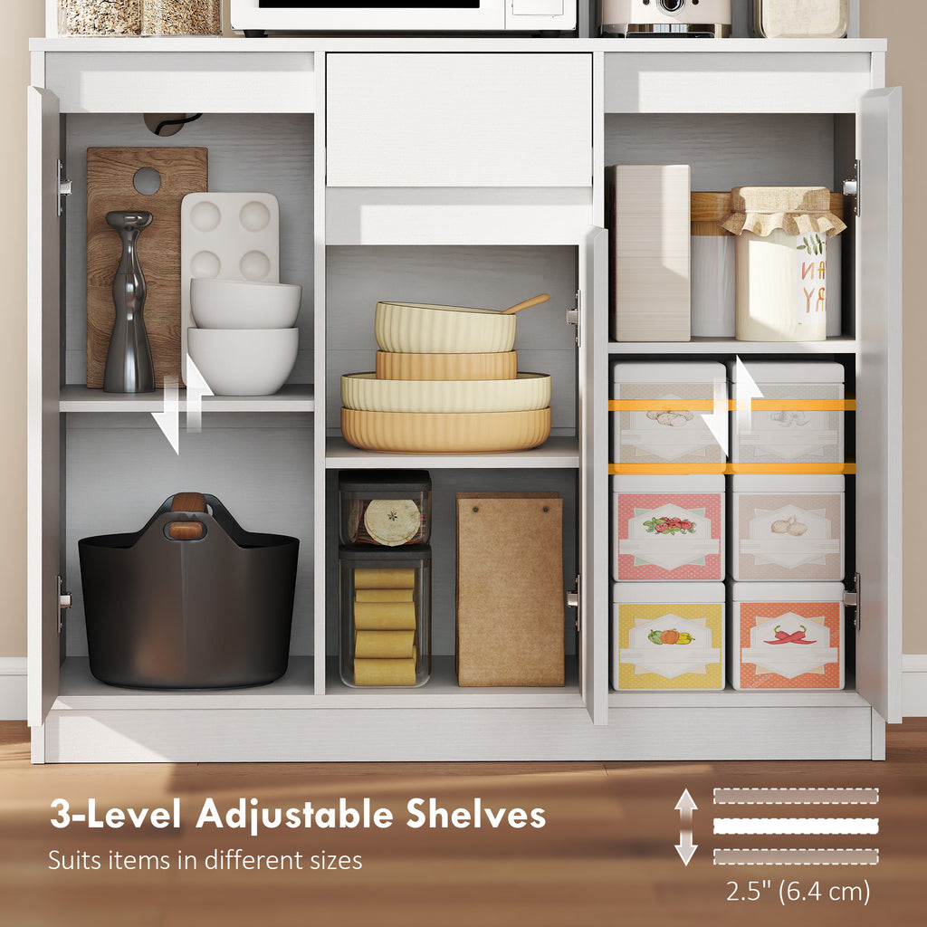 71" Pantry Cabinet with Charging Station, Kitchen Storage Cabinet with Microwave Stand, Pegboard, 6 S-hooks, White