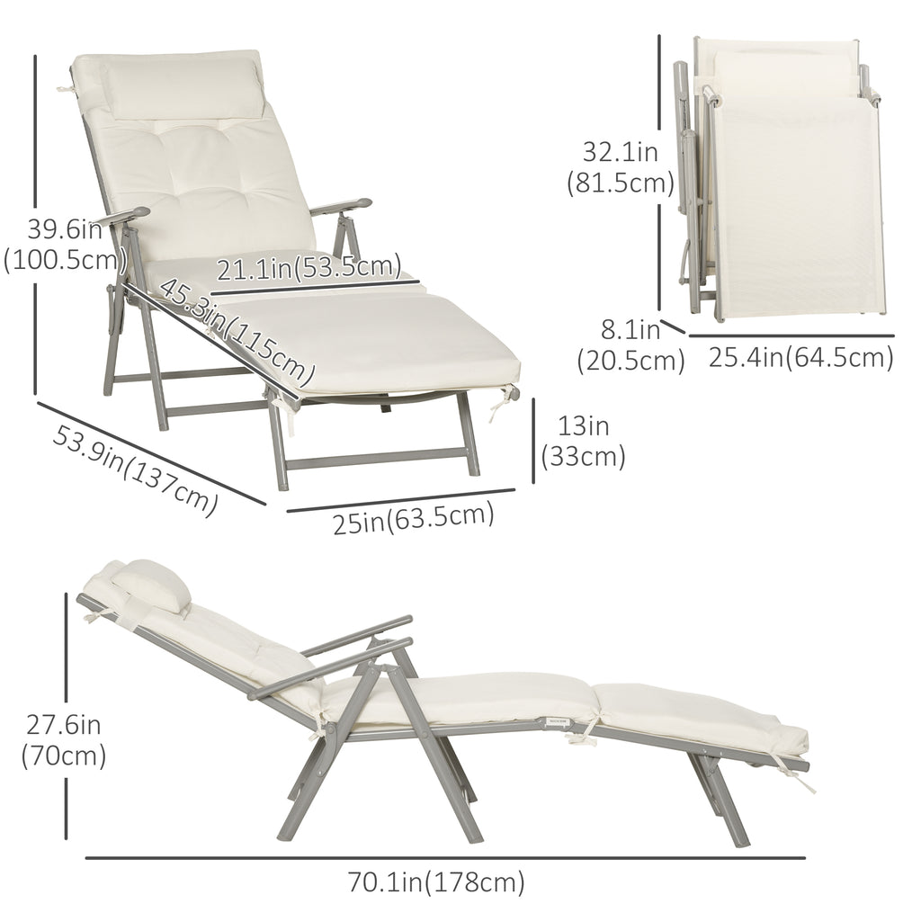 Lounge Chair Outdoor, Folding Patio Chaise Lounger, 360 lbs 7-Position Adjustable Back Outdoor Recliner with Cushion, Headrest for Garden, Backyard, Poolside, Cream White