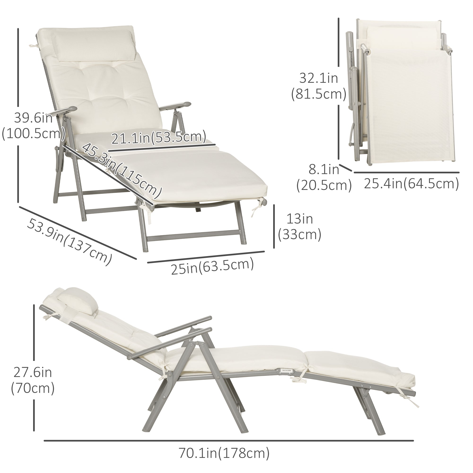 Lounge Chair Outdoor, Folding Patio Chaise Lounger, 360 lbs 7-Position Adjustable Back Outdoor Recliner with Cushion, Headrest for Garden, Backyard, Poolside, Cream White