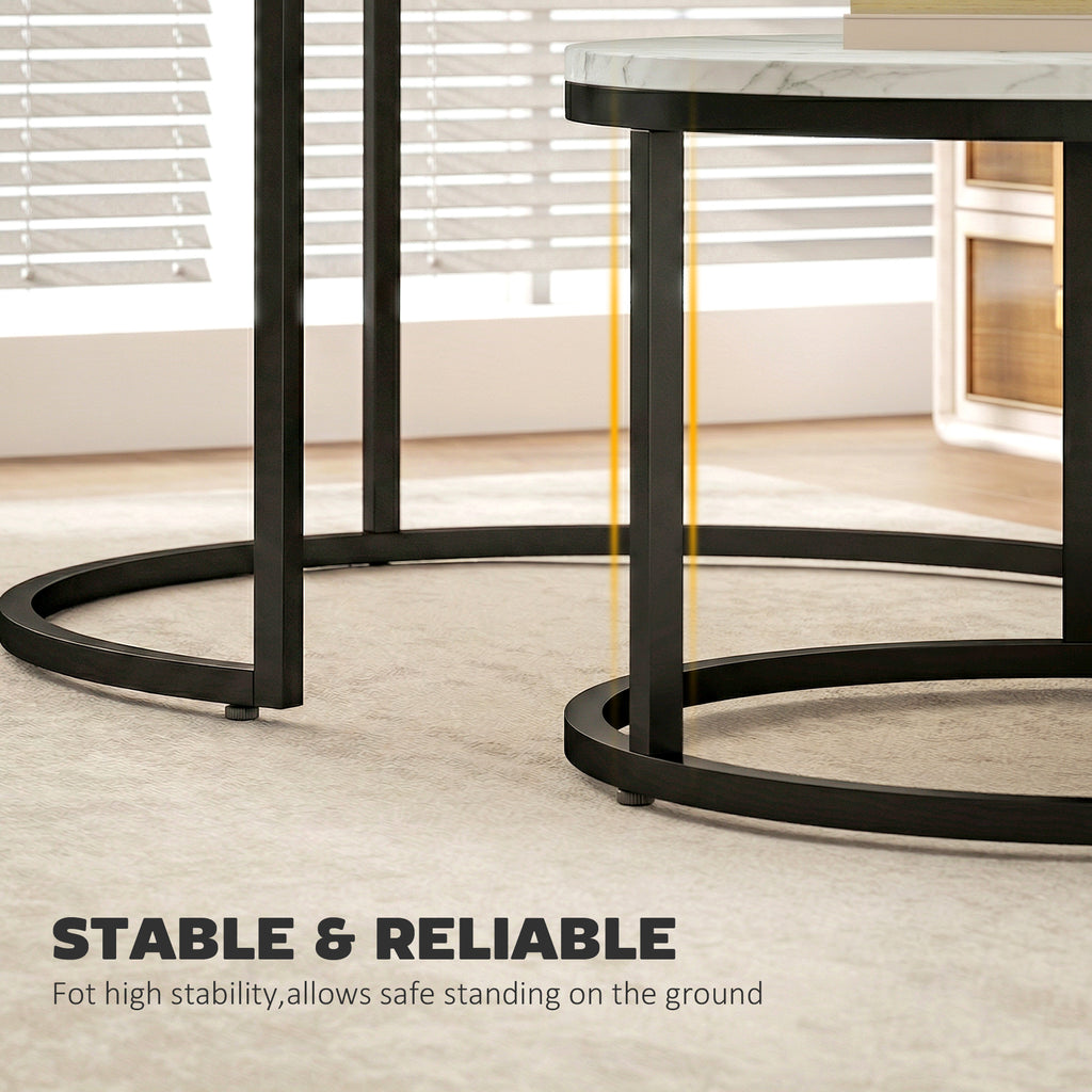 Modern Coffee Table Set of 2, Nesting Side Tables w/ Metal Base for Living Room Bedroom Office Marble White