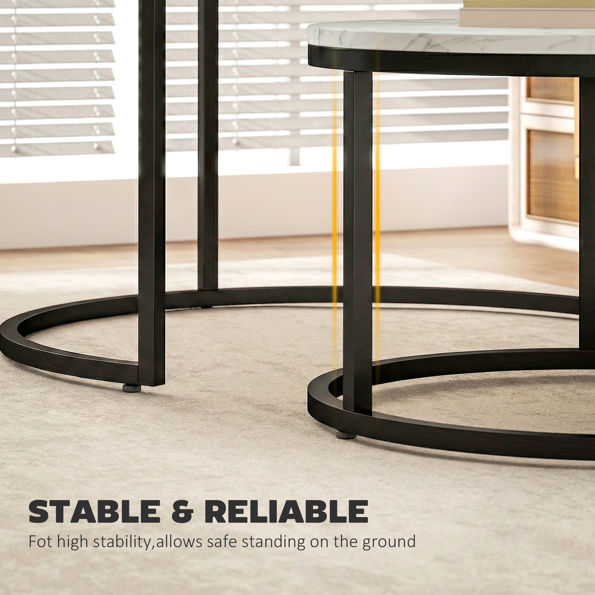 Modern Coffee Table Set of 2, Nesting Side Tables w/ Metal Base for Living Room Bedroom Office Marble White