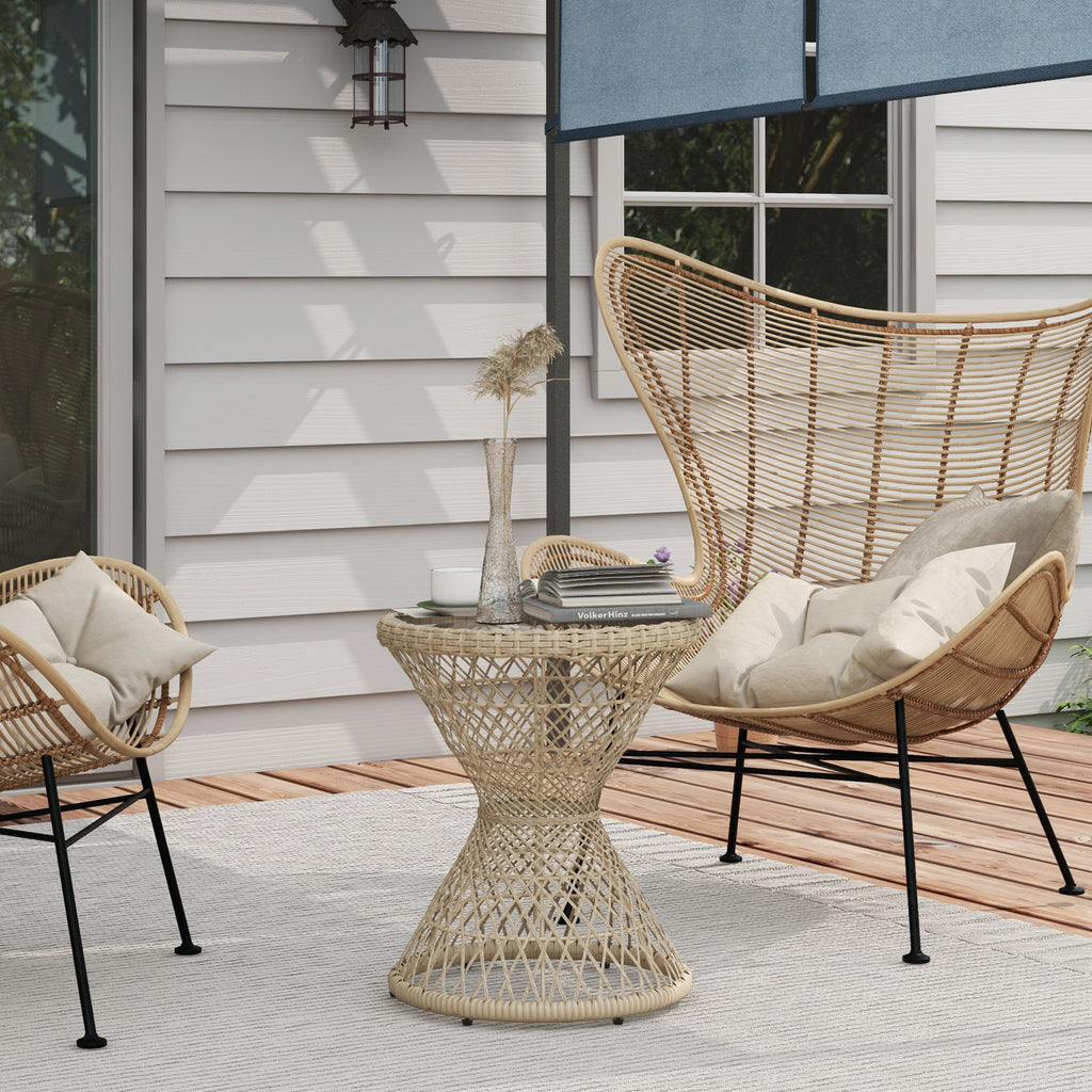 Wicker Outdoor Coffee Table, 18" Round Drum-Style Outdoor Patio Table with Tempered Glass Top, Light Brown