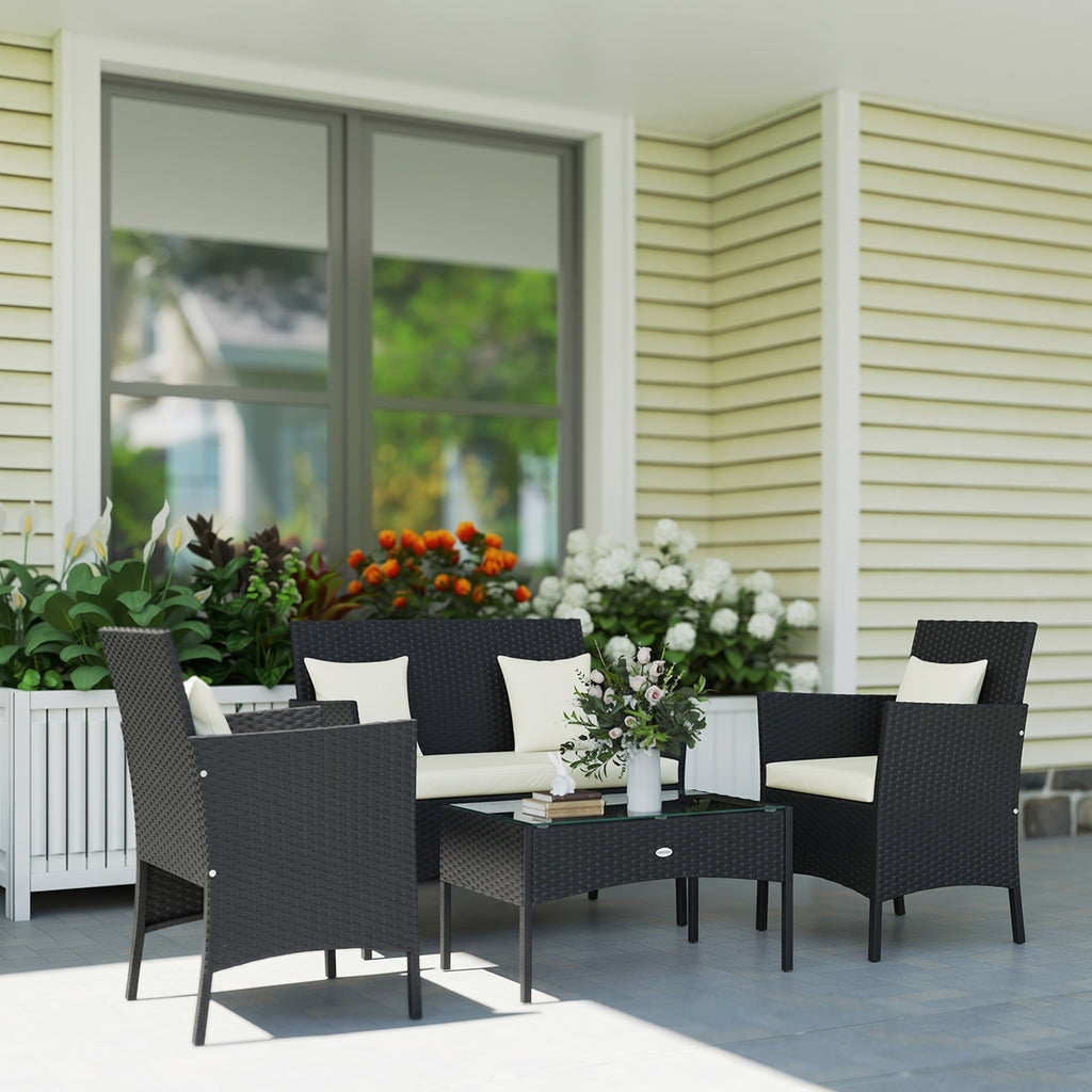 4-Piece Rattan Outdoor Furniture Set Patio Furniture Set with Coffee Table 22.8" W x 21.7" D x 33.5" H Black & Cream