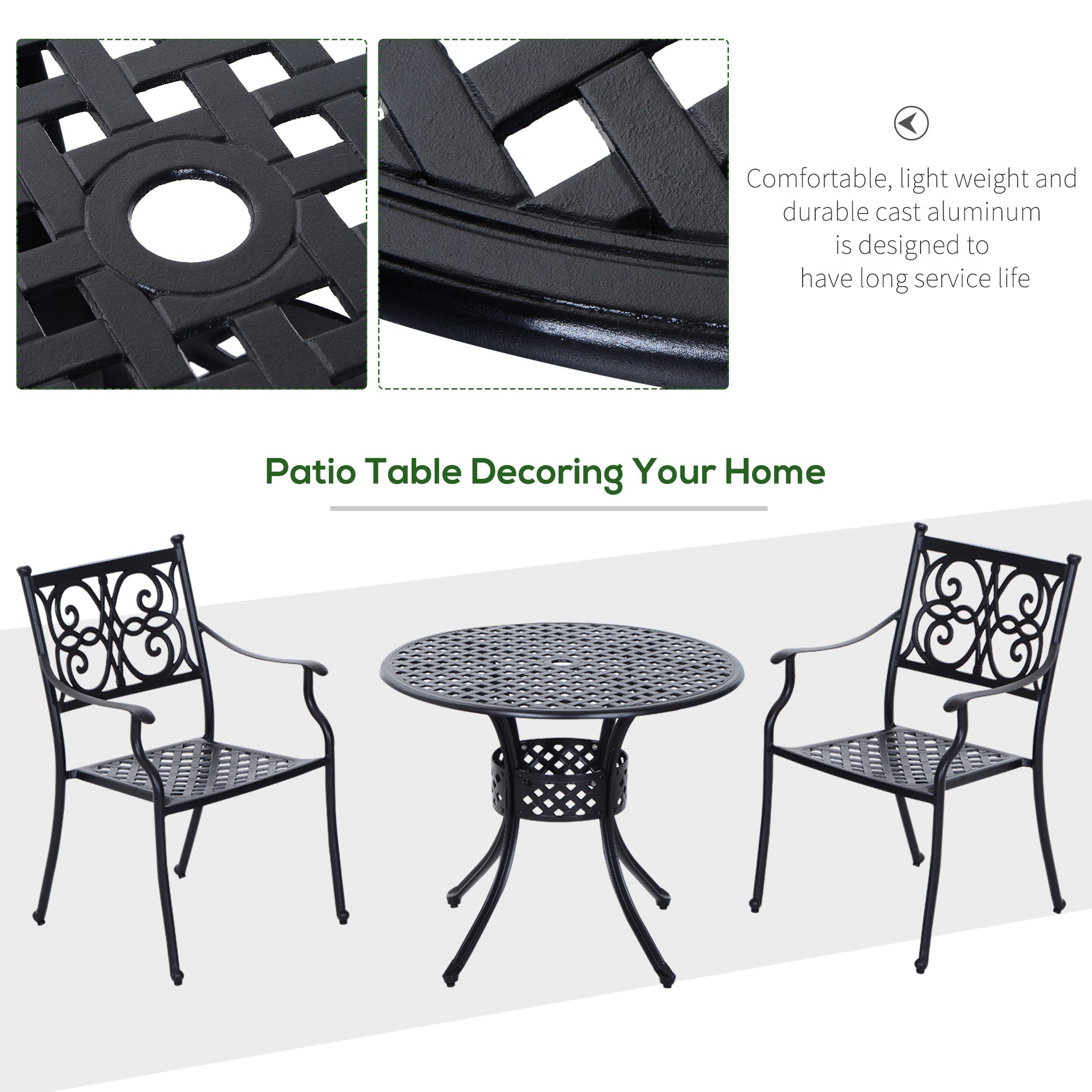 33-Inch Roud Patio Dining Table with Umbrella Hole, Cast Aluminum Garden Table, All Weather Patio Bisto Table, for Lawn, Garden, Outside, Black