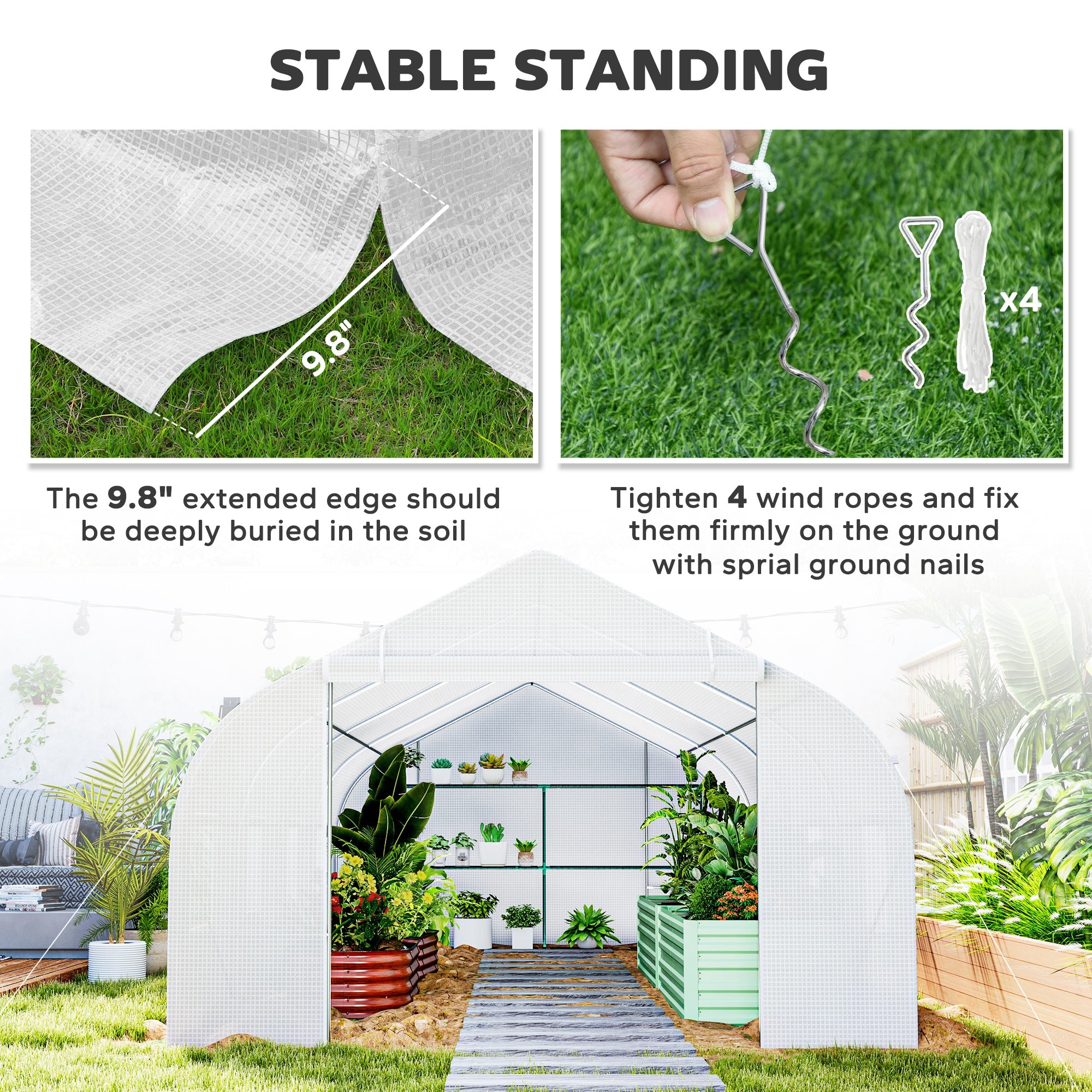20x10x7ft Walk-in Steeple Greenhouse Outdoor Backyard Plant Seed Growth Tunnel Shed Warm House with 2 Anchor Way White