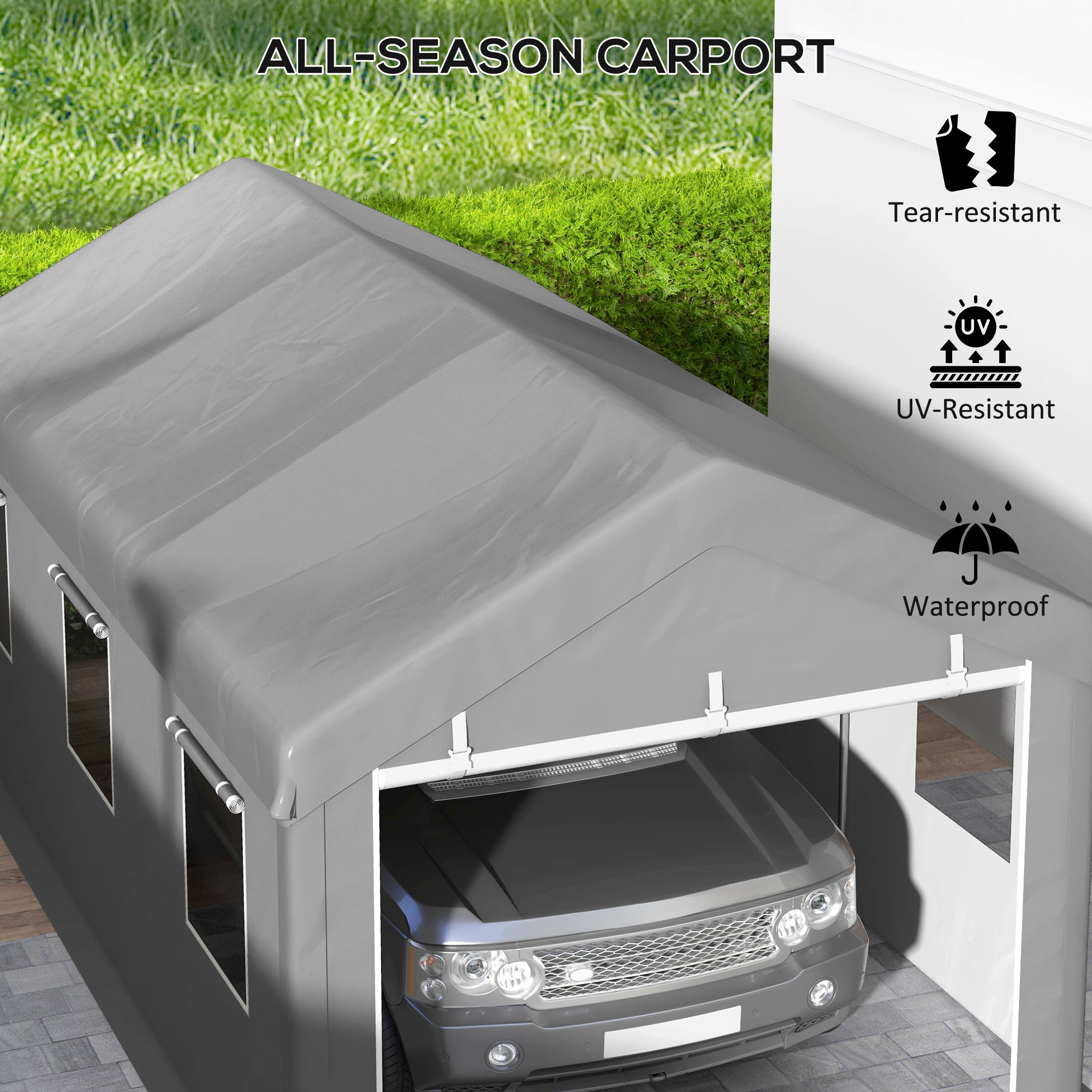 10' x 20' Carport, Heavy Duty Portable Garage with 6 Mesh Windows and 2 Doors, Light Grey