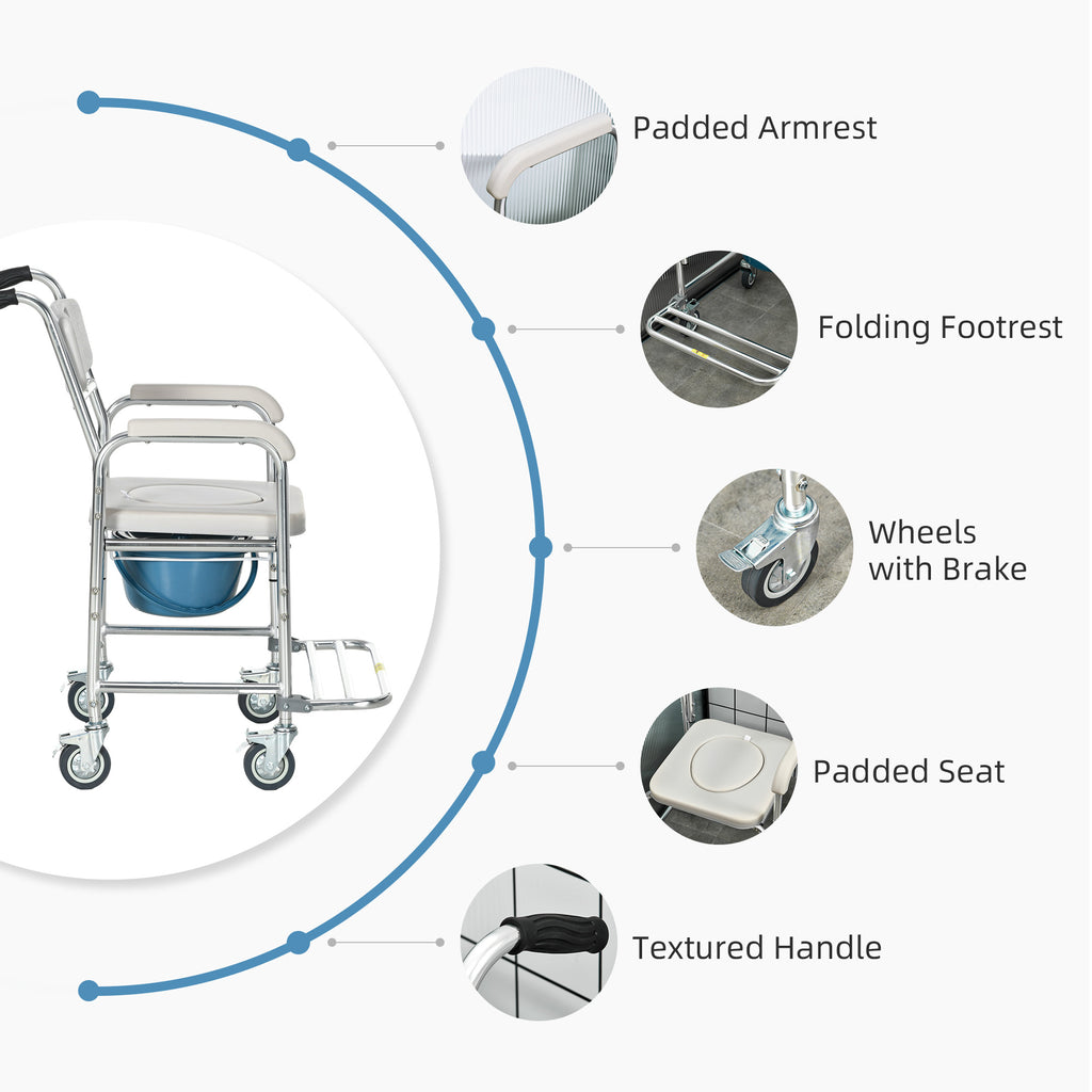 3-in-1 Shower Commode Wheelchair, Transport Beside Commode Chair with Padded Seat for the Elderly, Disabled