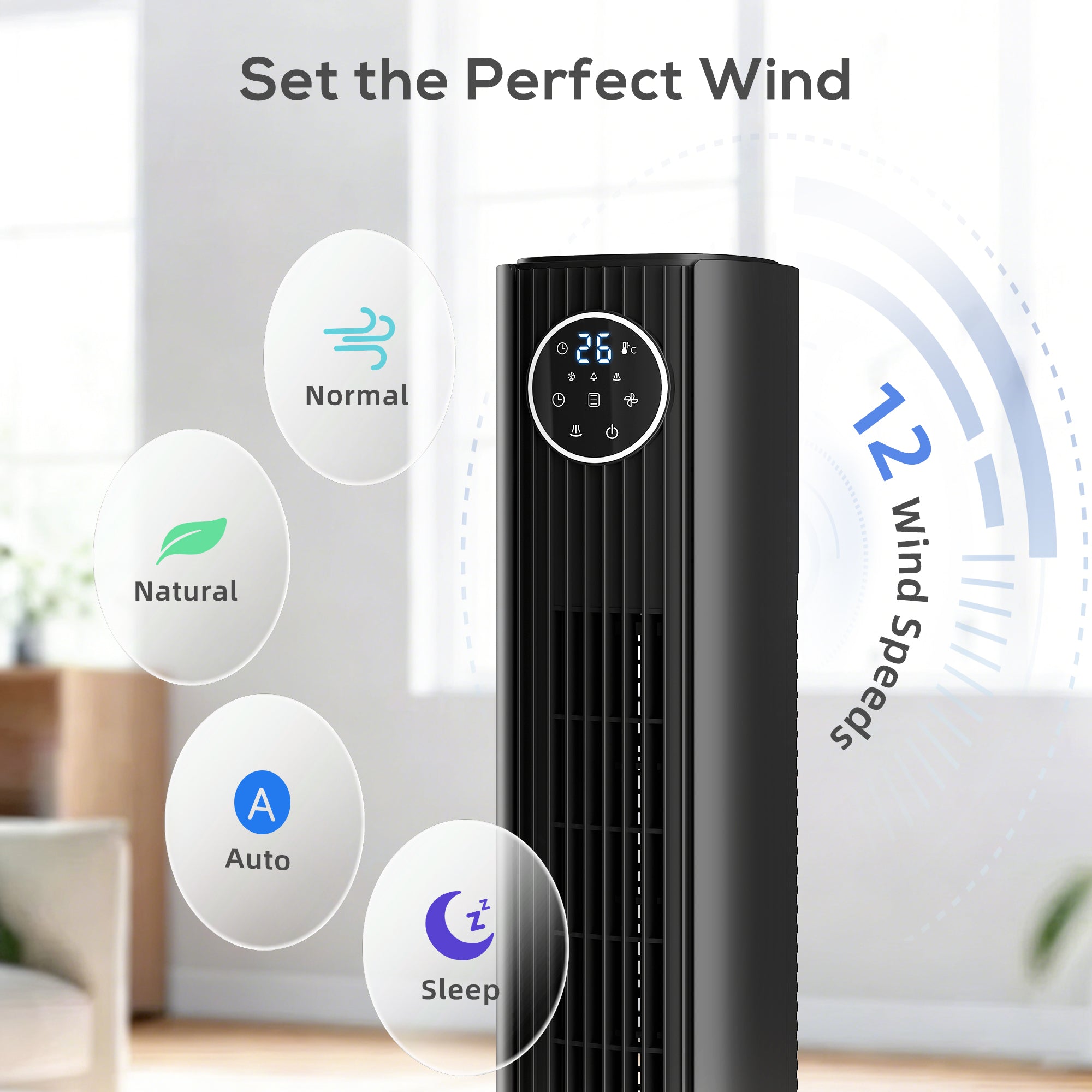 28dB Tower Fan with 12 Speeds and 4 Modes, Standing Floor Fan with 80Â° Oscillating, 12H Timer, Black