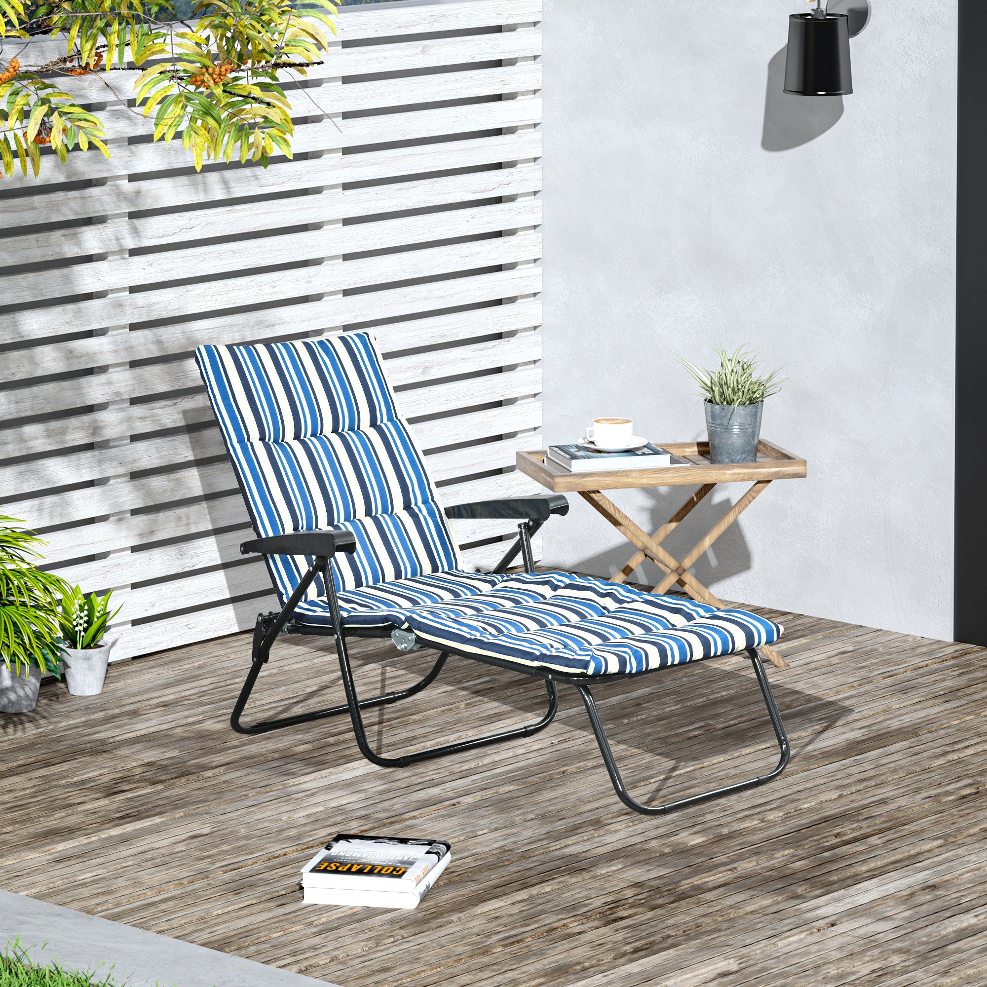 Foldable Lounge Chair, Reclining Patio Sun Lounger with 6-Position Adjustable Back, Blue and White