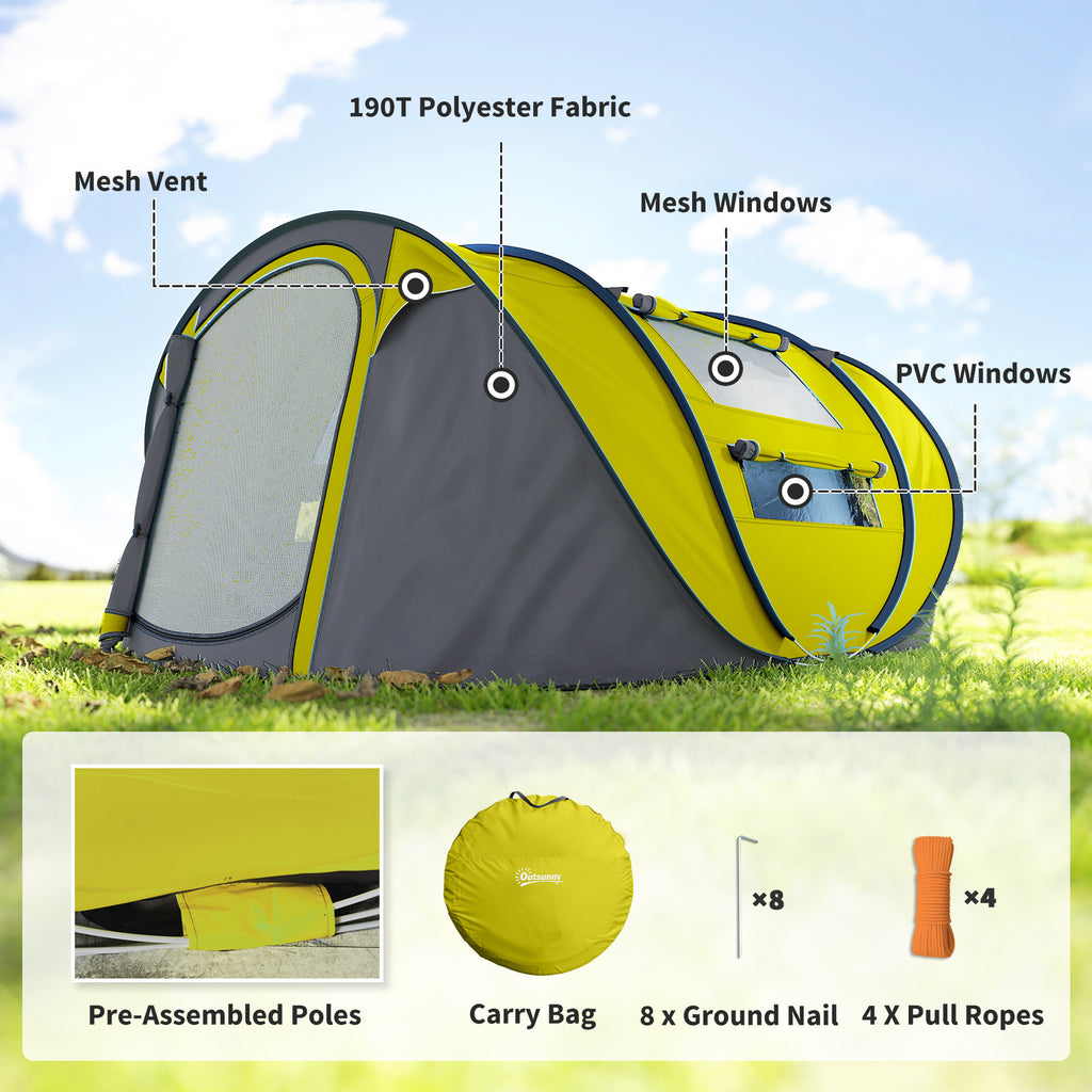 4 Person Camping Tent, Easy Pop Up Tent with Doors, Windows and Carry Bag, Automatic Setup Tent for Hiking, Yellow