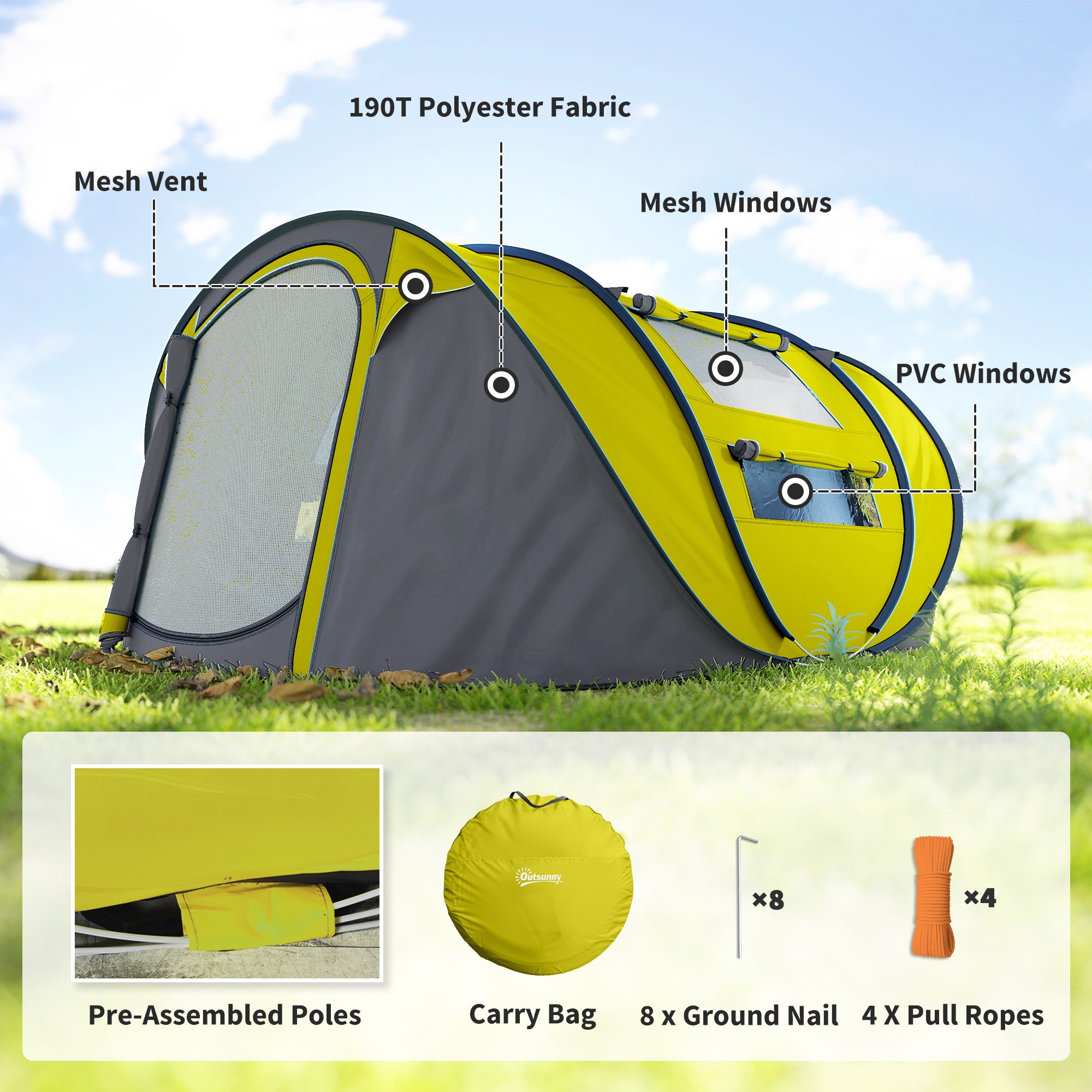 4 Person Camping Tent, Easy Pop Up Tent with Doors, Windows and Carry Bag, Automatic Setup Tent for Hiking, Yellow