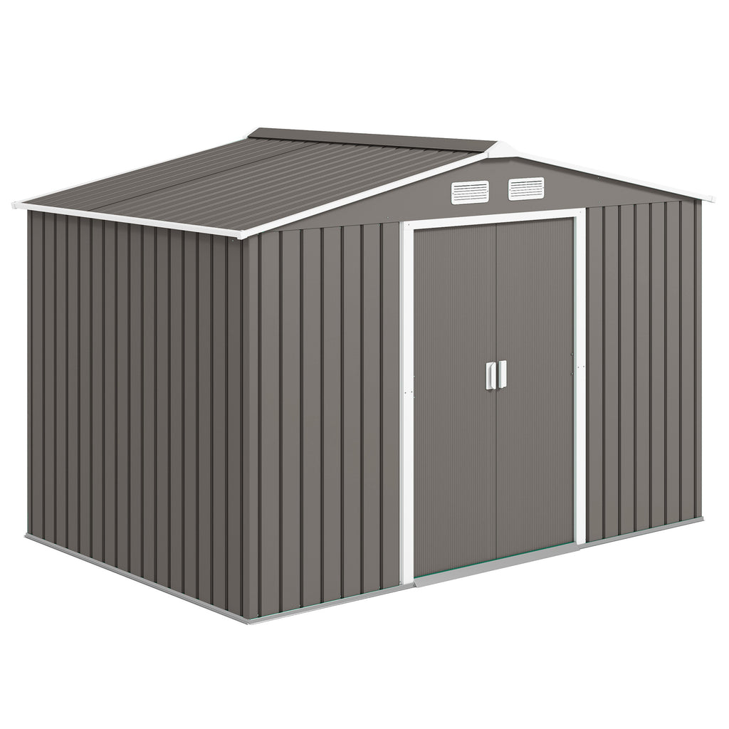 9x6 Galvanized Steel Ventilated Garden Storage Shed with Double Doors, Foundation Kit, Grey