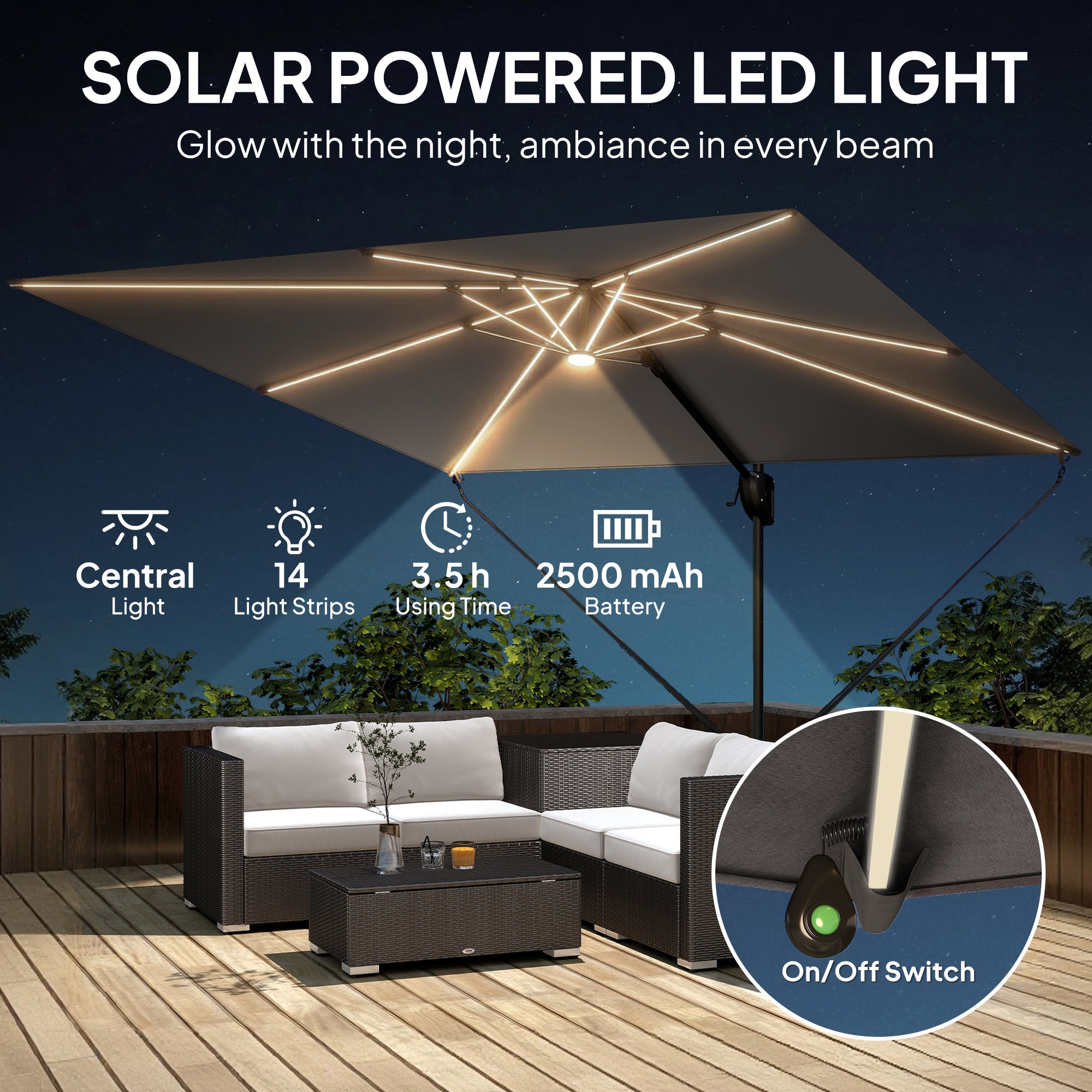 10 x 9.7 ft Offset Cantilever Patio Umbrella with Lights, Wind Rope, UPF50+ Outdoor Cantilever Parasol, Dark Grey