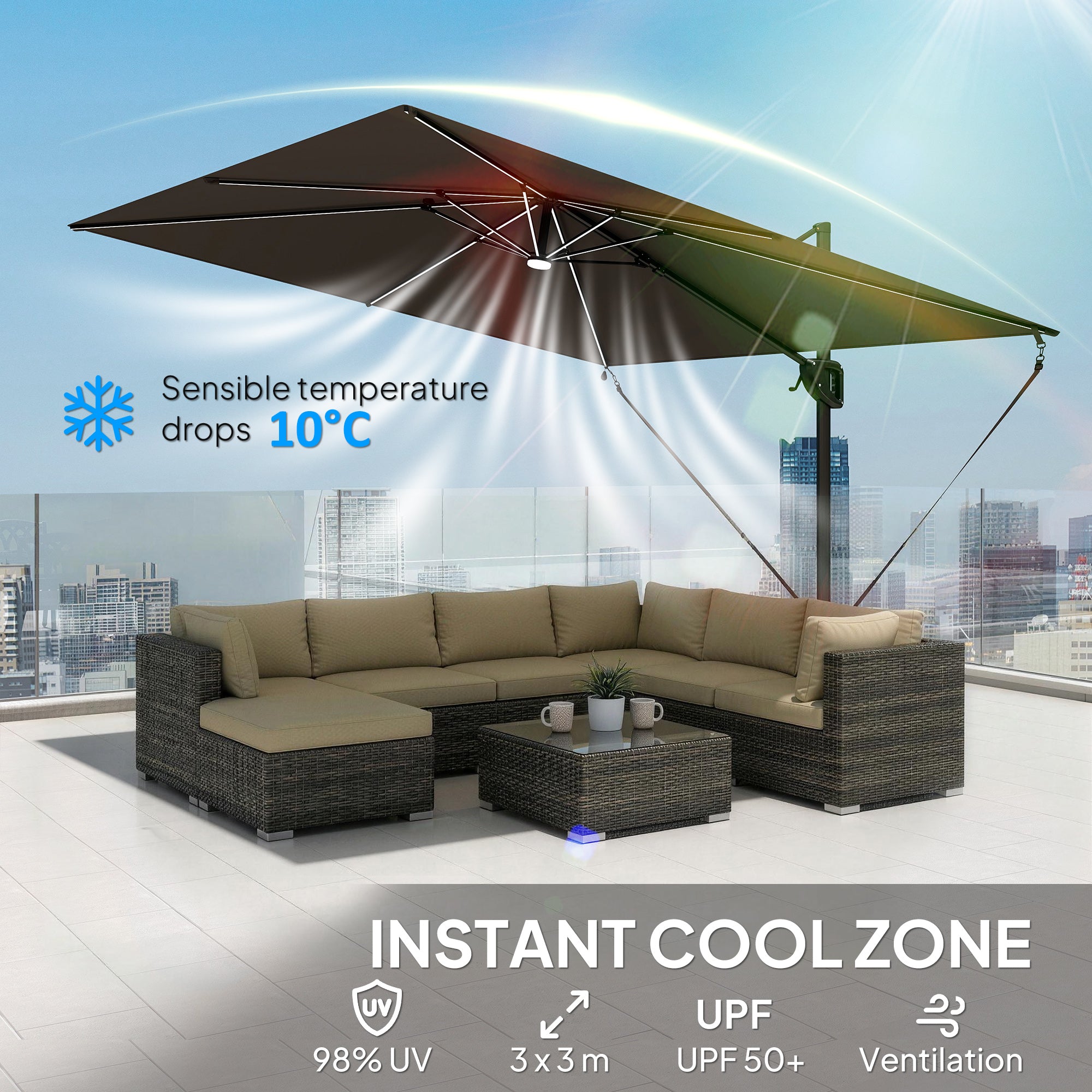 10 x 9.7 ft Offset Cantilever Patio Umbrella with Lights, Wind Rope, UPF50+ Outdoor Cantilever Parasol, Dark Grey