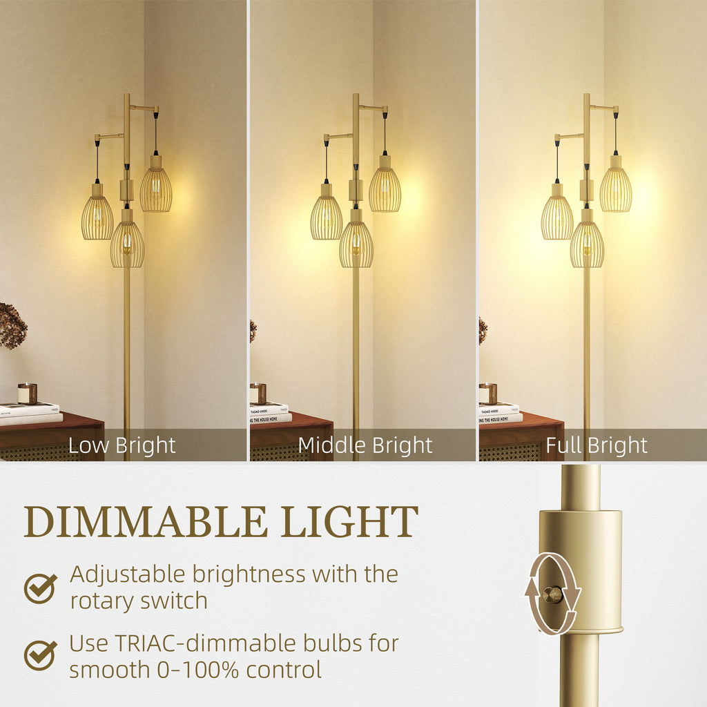 Industrial Floor Lamp with 3 Hanging Wire Lampshades, Dimmable Standing Lamp for Living Room, Gold