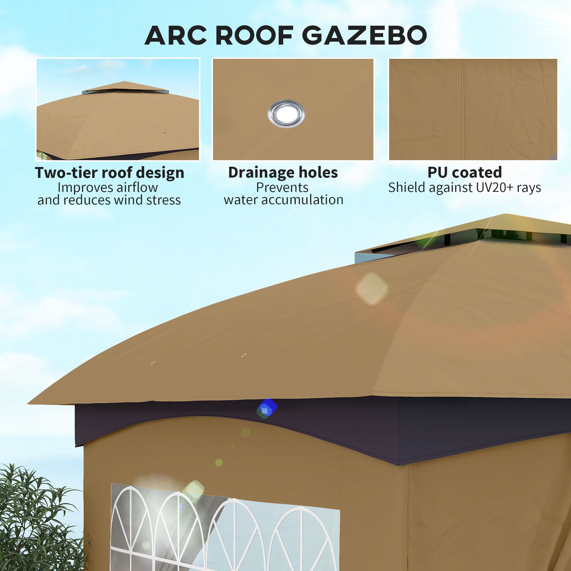 11' x 11' OutdoorÂ Gazebo,Â DoubleÂ Roof Patio Gazebo Canopy with Curtains, Church Windows, Galvanised Steel Frame, Beige