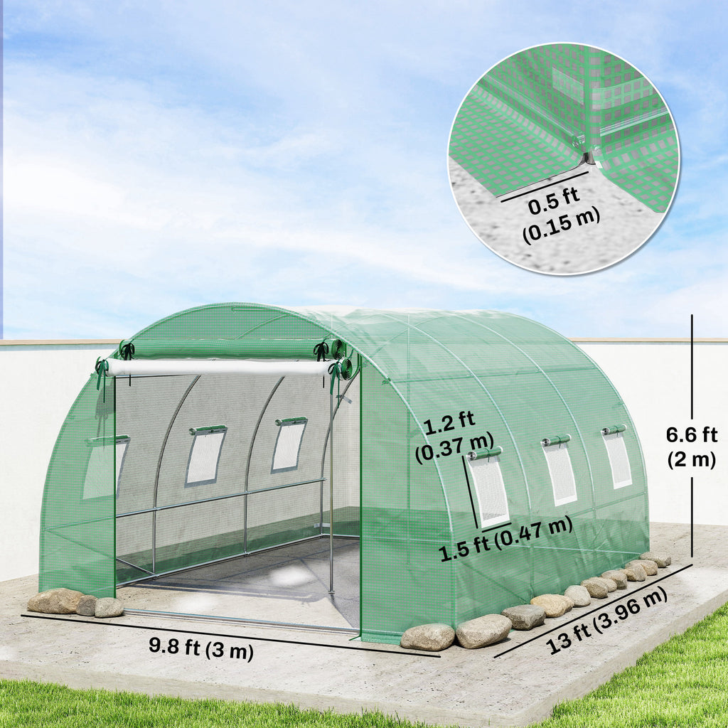 Walk-in Tunnel Greenhouse, Plant Hot House w/ Support Rods, Roll-up Mesh Door, Mesh Windows, 13'x9.8'x6.6', Green