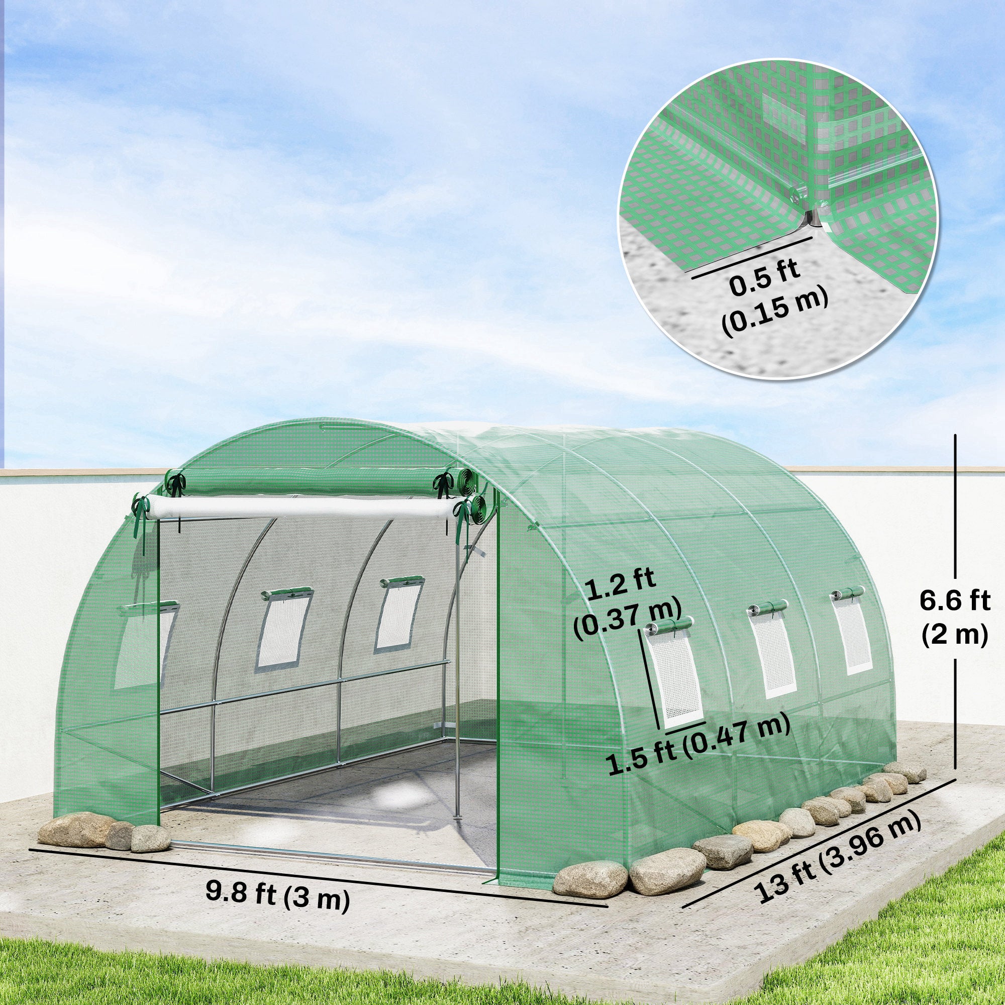 Walk-in Tunnel Greenhouse, Plant Hot House w/ Support Rods, Roll-up Mesh Door, Mesh Windows, 13'x9.8'x6.6', Green