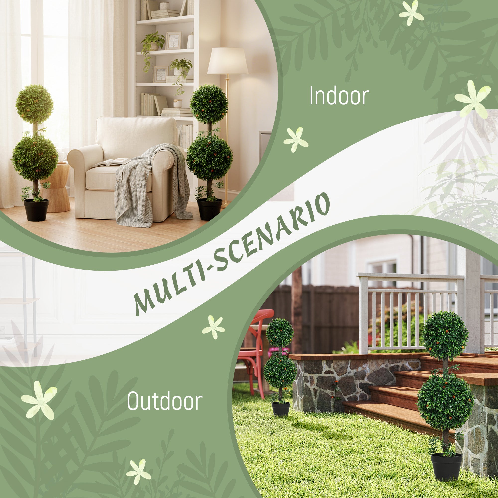 3FT Artificial Boxwood Topiary Tree Set of 2, Faux Two Ball Topiary Tree in Pot for Indoor Outdoor Decor, Green