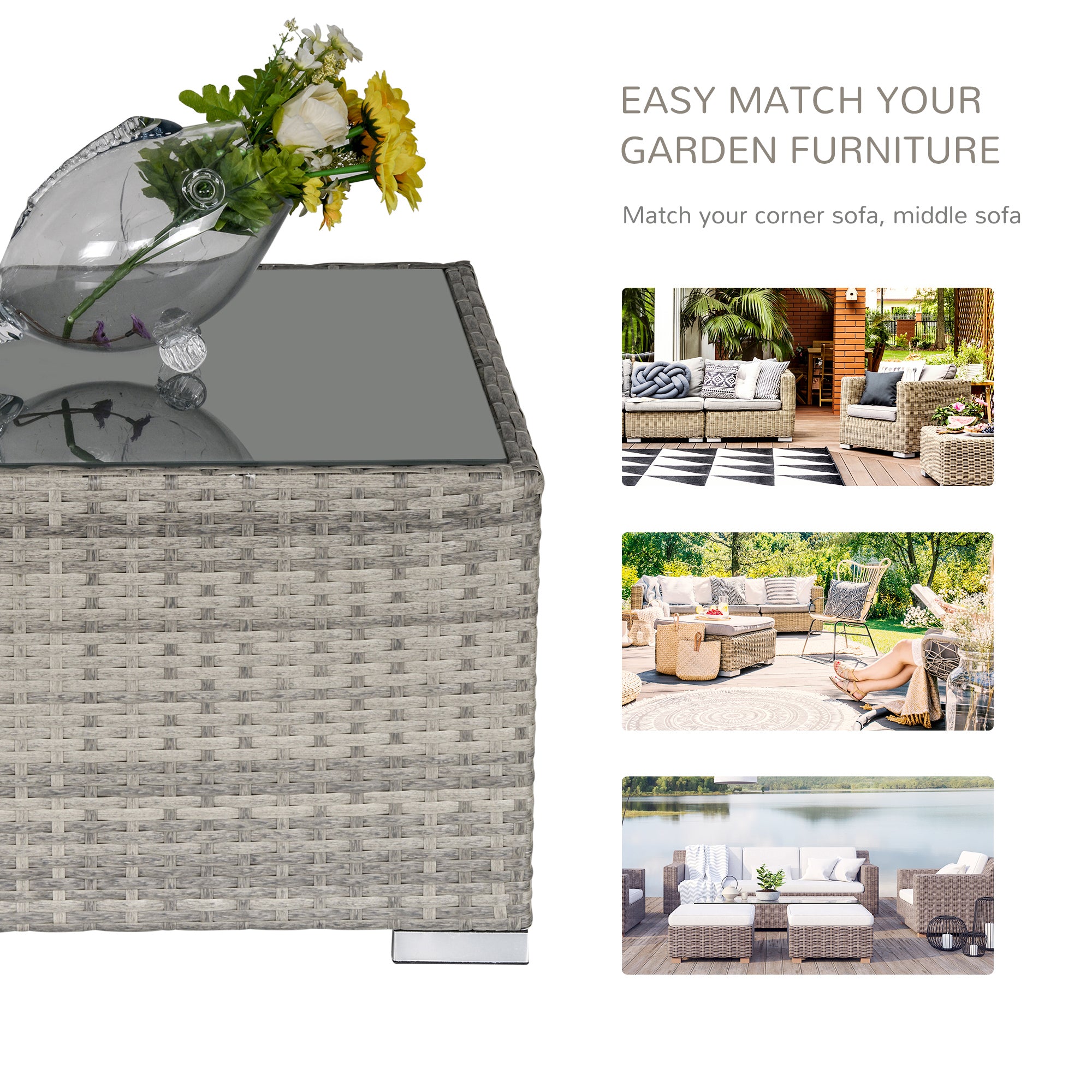 Rattan Garden Coffee Table, 25.6" Square Garden Rattan Table with Tempered Glass Top, Grey