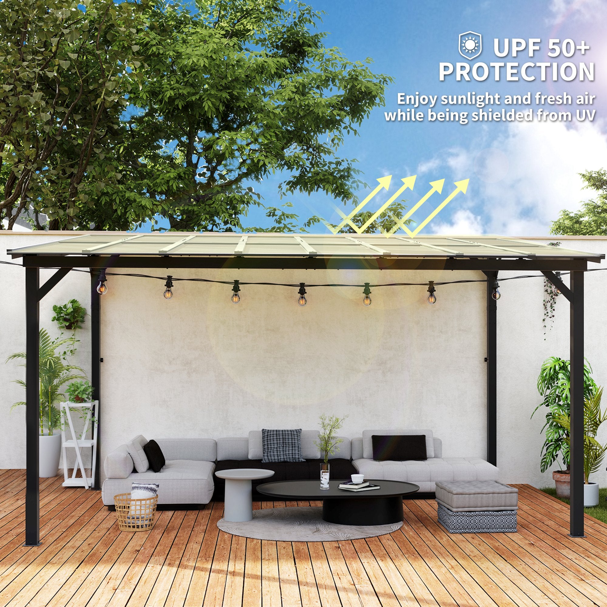 10' x 14' Hardtop Gazebo Wall-Mounted / Free Standing Outdoor Pergola with UPF 50+ & Waterproof Polycarbonate Roof