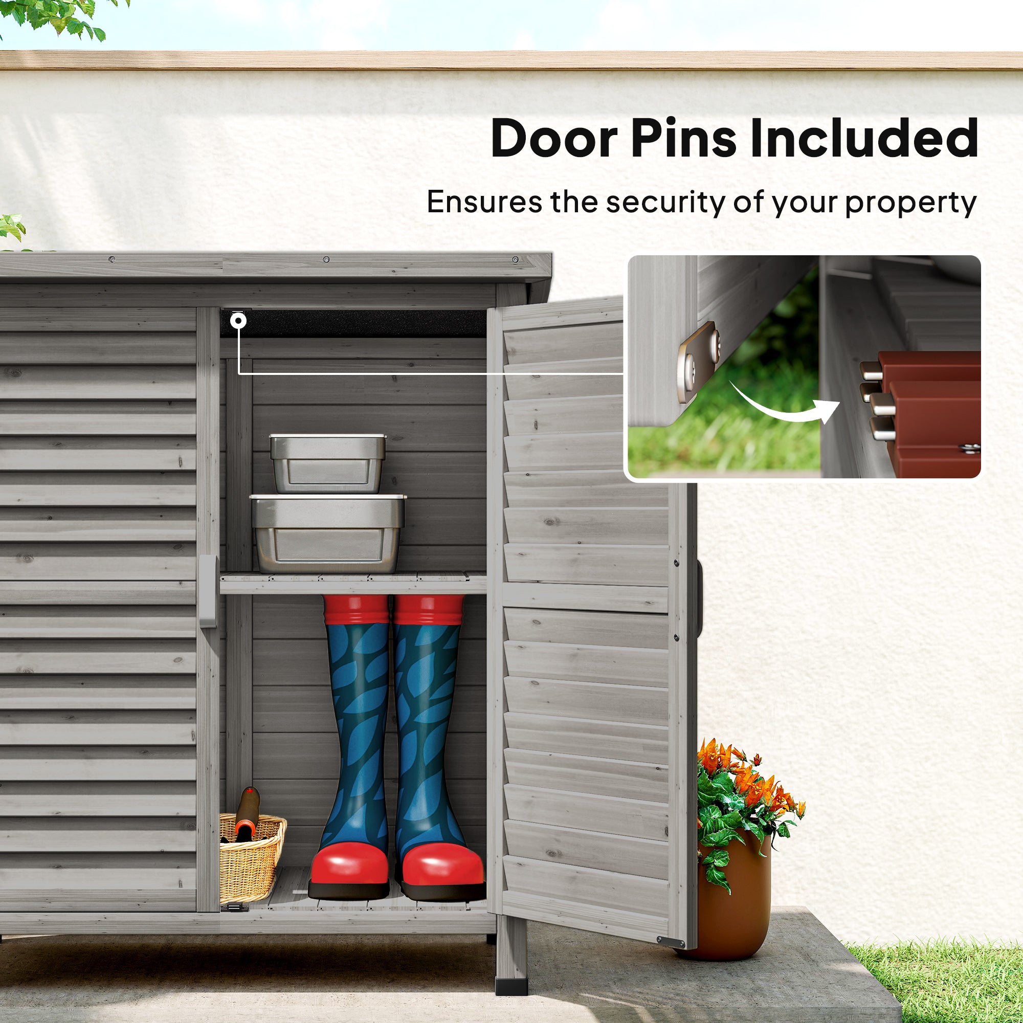 Wooden Garden Storage Shed Kit Wood Garage Tool Organisation Cabinet with 2 Door , 34" x 18" x 38", Grey