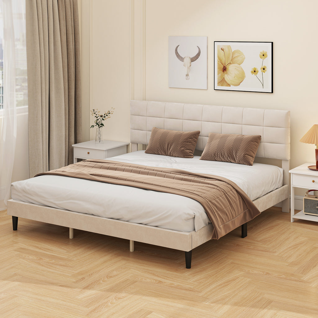 King size upholstered bed frame in cream with modern headboard