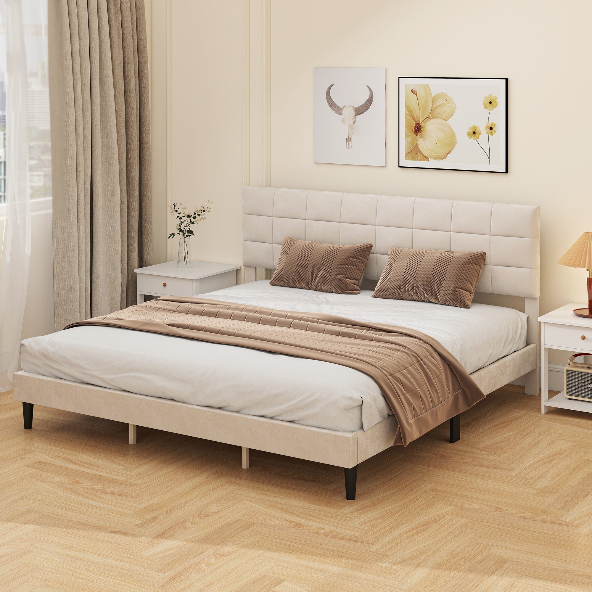 King size upholstered bed frame in cream with modern headboard