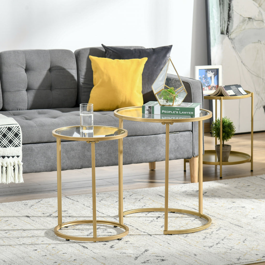 Set of 2 Nesting Coffee Tables with Metal Base, Round Side Table with Tempered Glass Tabletop for Living Room, Bedroom, Gold