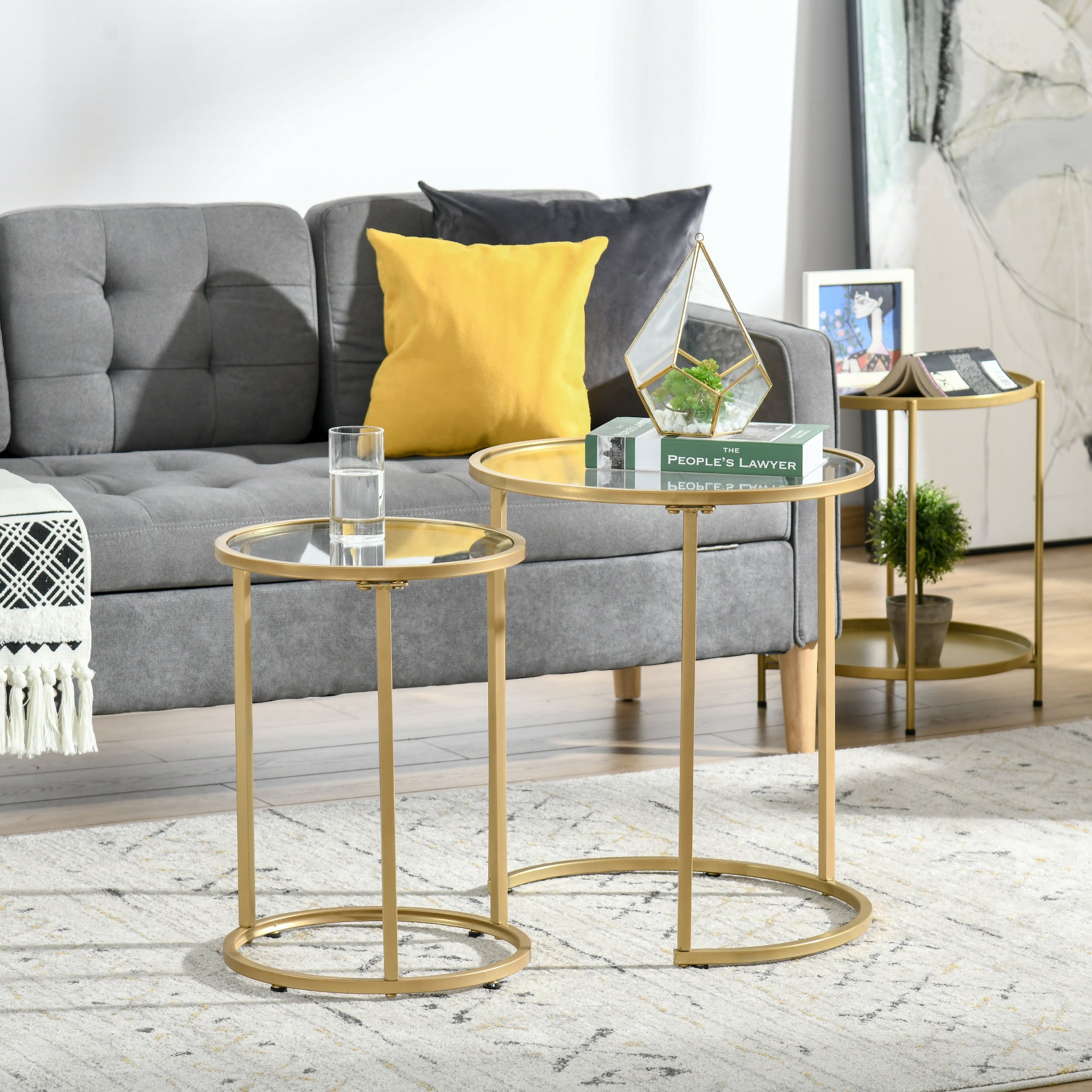 Set of 2 Nesting Coffee Tables with Metal Base, Round Side Table with Tempered Glass Tabletop for Living Room, Bedroom, Gold