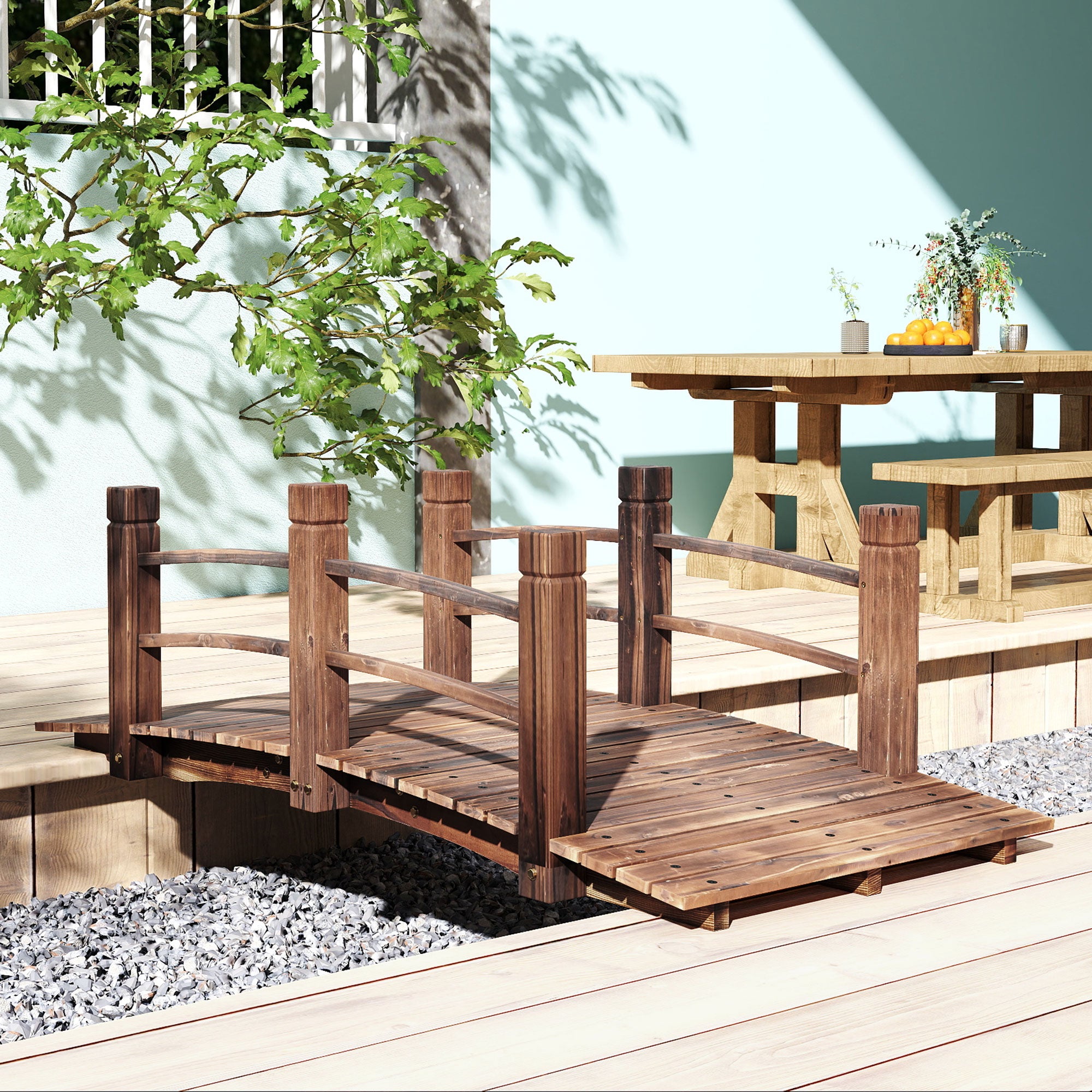 5FT Wood Garden Bridge Outdoor Decorative Landscape Side Rails Backyard Moon Bridge Park Decor Stained Wood