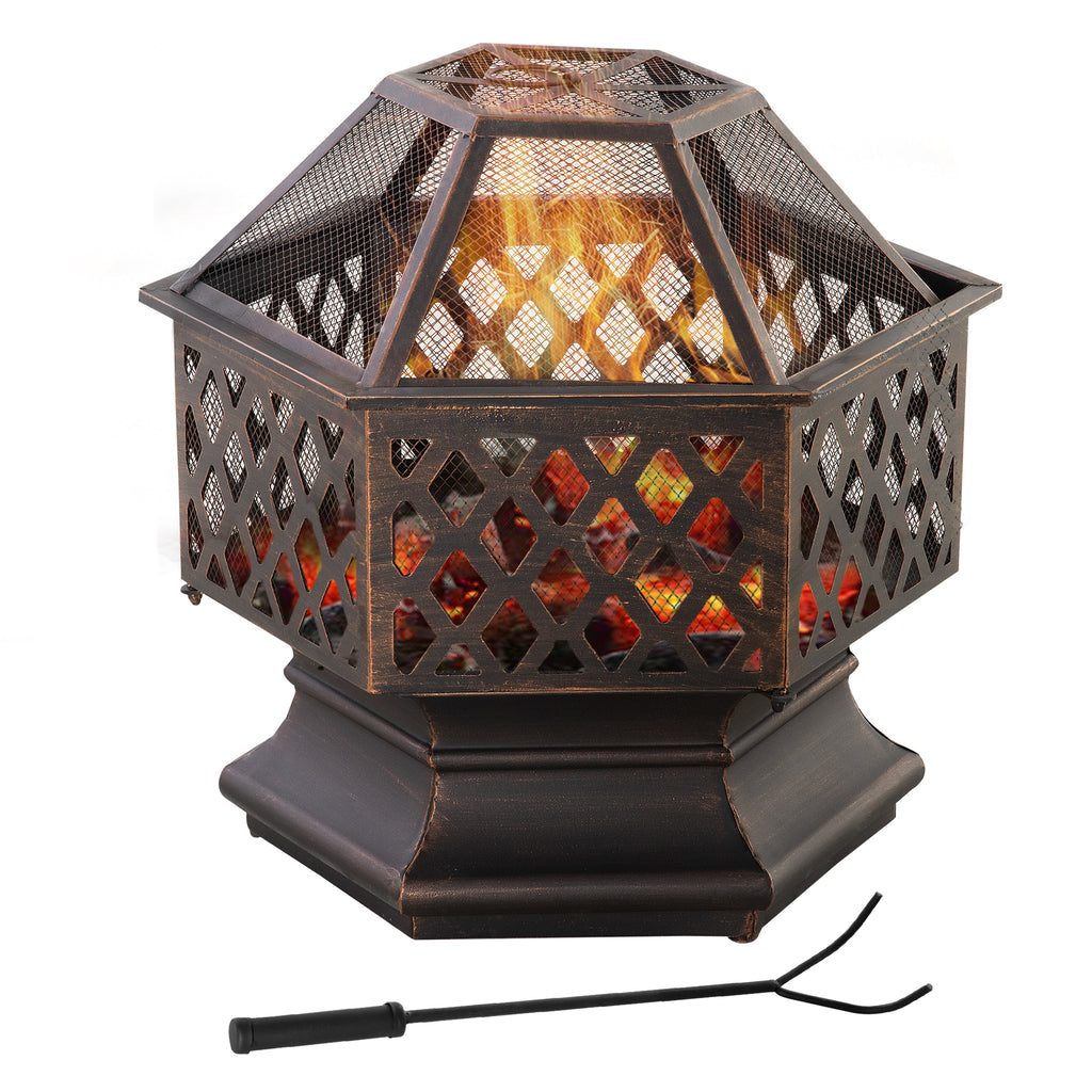 24.5" Outdoor Fire Pit with Mesh Lid, Portable Wood Burning Firebowl with Poker for Patio, Backyard, Bronze
