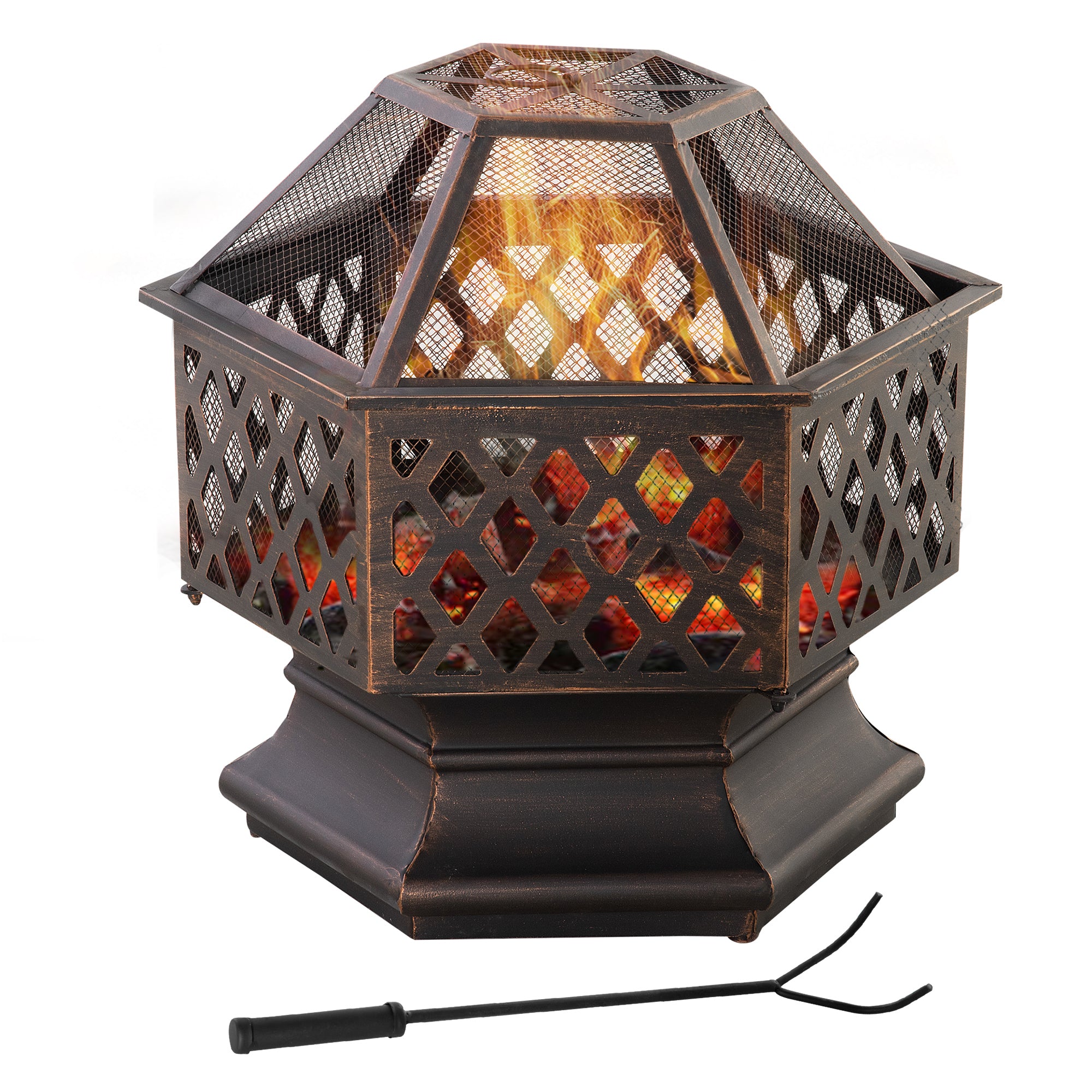 24.5" Outdoor Fire Pit with Mesh Lid, Portable Wood Burning Firebowl with Poker for Patio, Backyard, Bronze