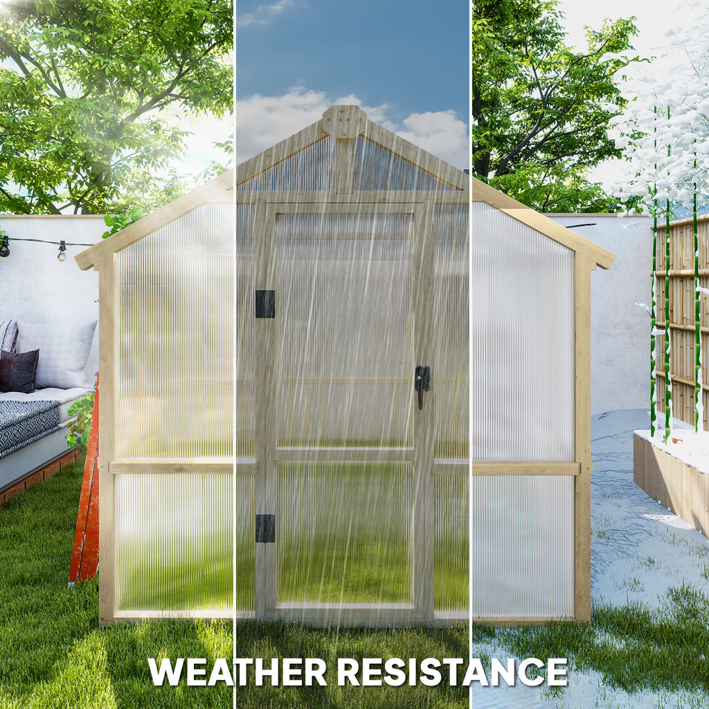 6.6 x 6ft Polycarbonate Greenhouse Wooden Green House with Thickened Polycarbonate Sheets, Lockable Door, Brown