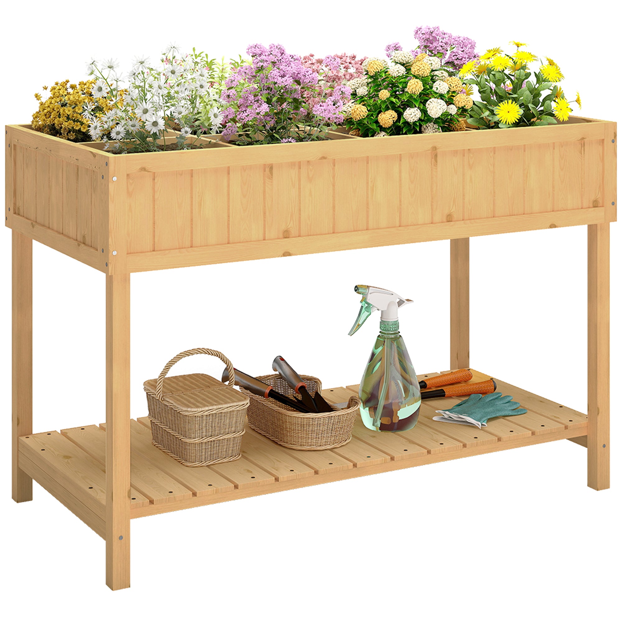 43.25" x 18" x 30" Raised Garden Bed, Wooden Plant Stand with 8 Grid Box, Storage Shelf for Outdoor, Natural Wood Colour