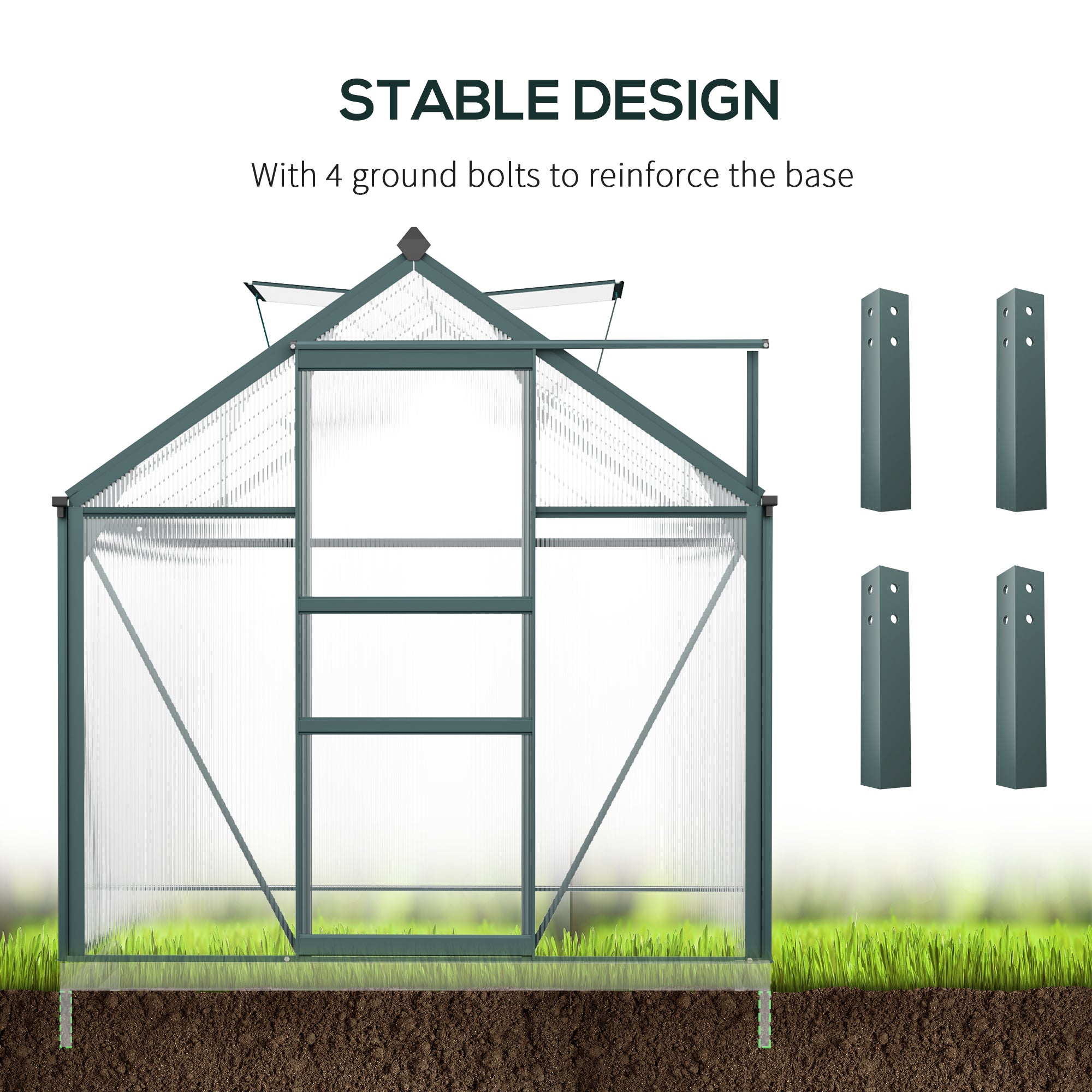 6' x 10' x 6.6' Polycarbonate Greenhouse, Walk-In Green House Kit Garden, Plants Grow, Galvanized Sheet Aluminum Frame with Rain Gutter, Vents and Sliding Door, Green