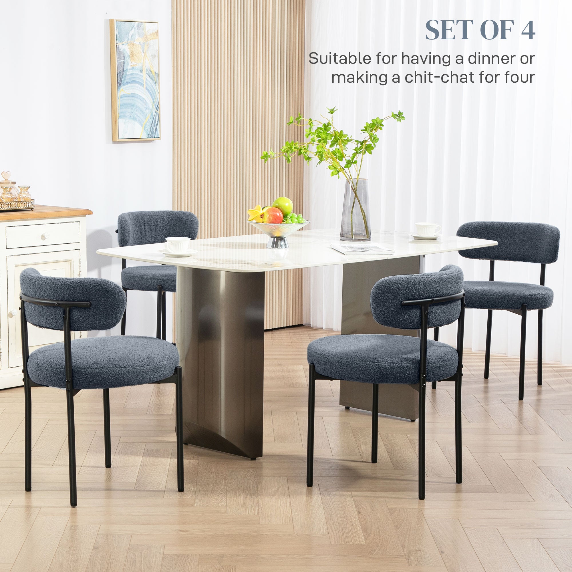 4 Pieces Kitchen Chairs, Modern Dining Chairs w/ Berber Fleece Upholstery and Steel Legs for Living Room, Grey