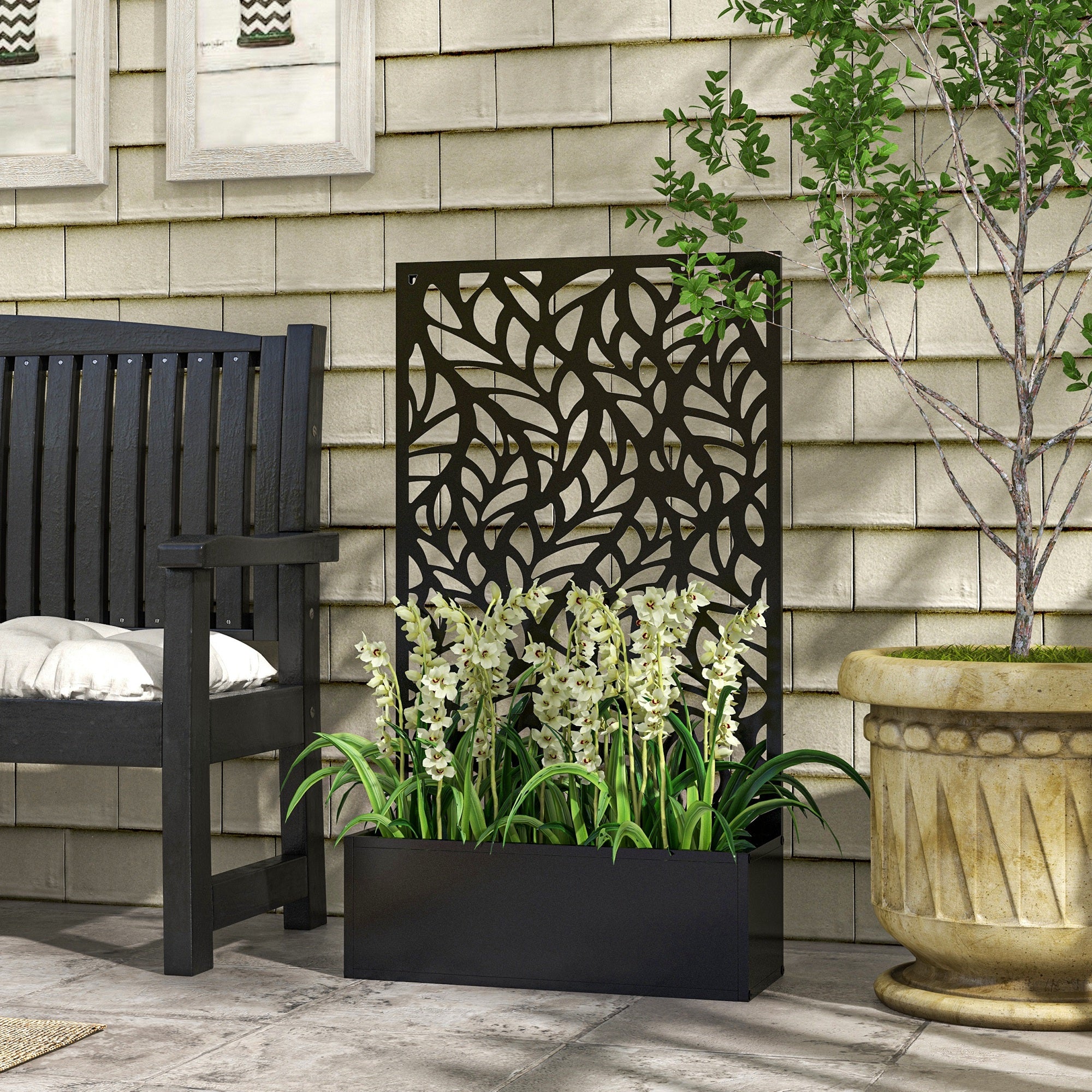 Metal Outdoor Privacy Screen with Raised Graden Bed, Privacy Panel and Planter Box, Wall-Mounted or Freestanding