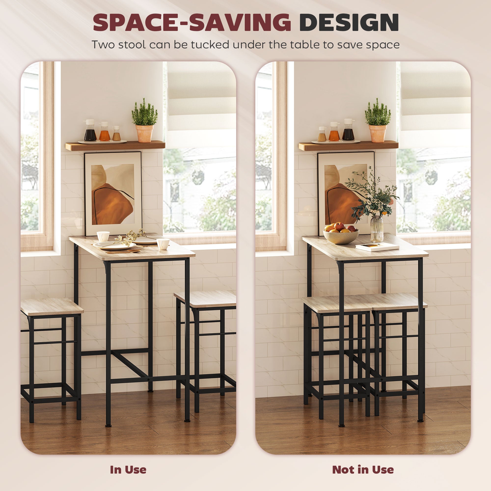 3-Piece Dining Table Set for 2, Bar Table and 2 Stools for Kitchen, Living Room, Dining Room, Small Space, Natural Wood